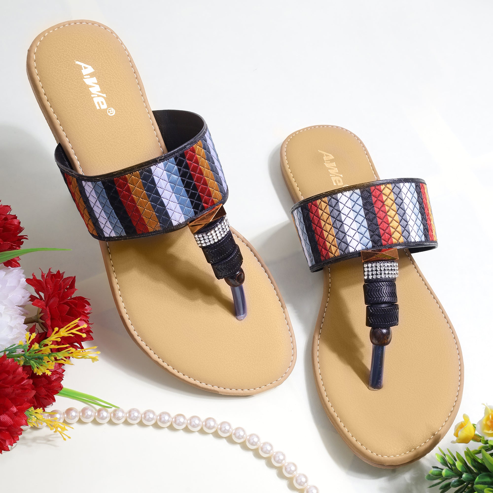 Aiwie-Womens-Ethnic-Flat-Sandals-|-Comfortable-Slip-On-Kolhapuri-Style-Footwear-with-Embroidered-Strap A230300