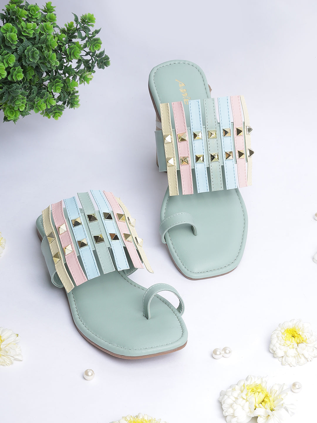 Women's Ethnic Transparent Strap Flats | Trendy Toe-Loop Slip-On Sandals with Stud Detailing for Daily & Party Wear
