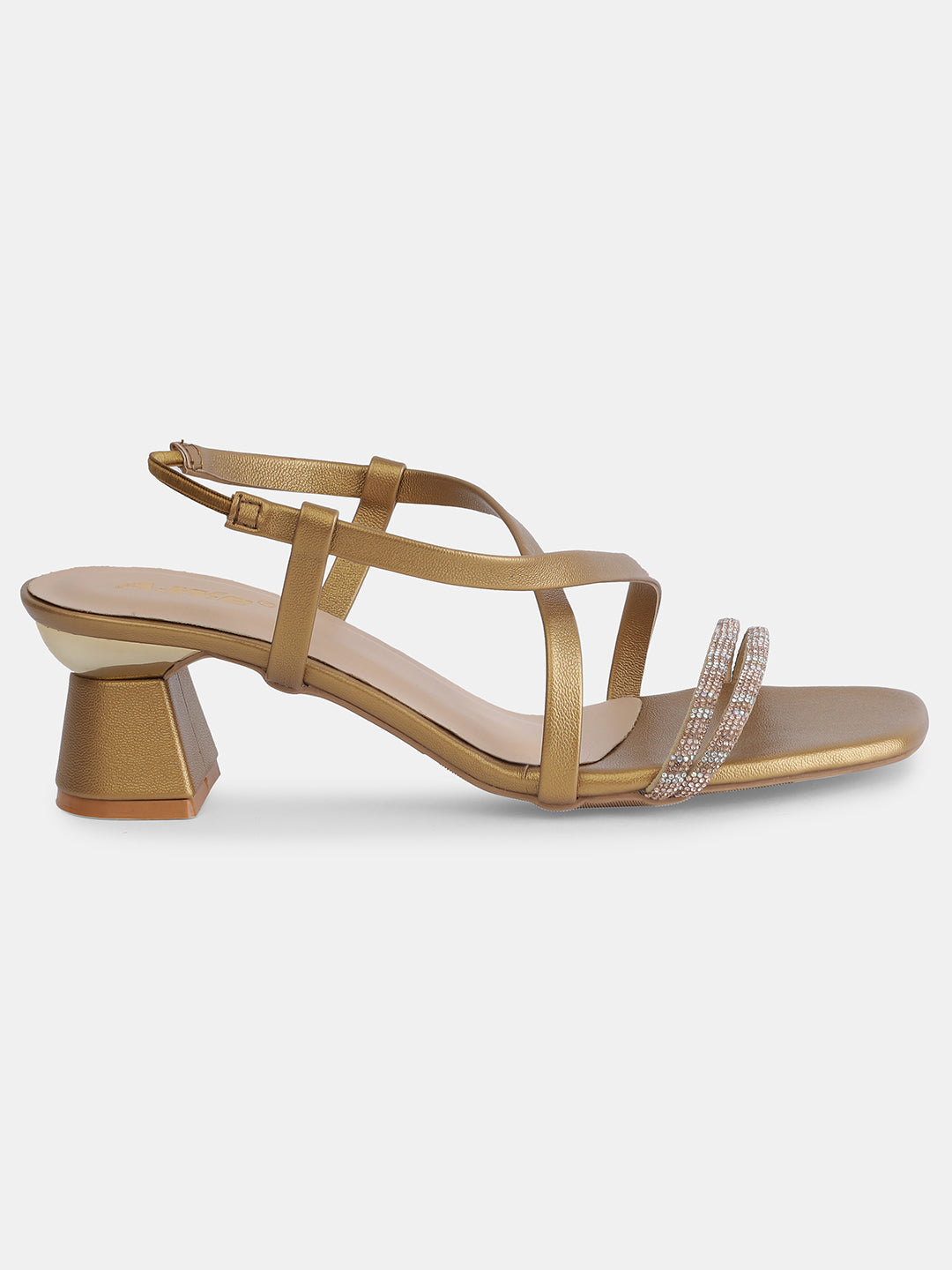 Womens Golden Block Heel Sandals with Crystal Embellished Straps | Party & Ethnic Wear | Heel size 2 inch