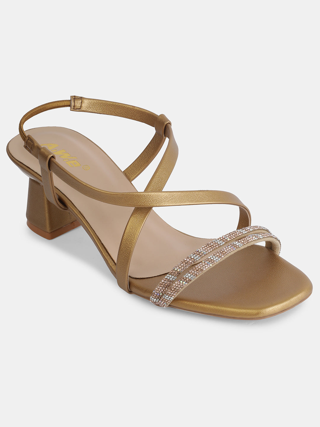 Womens Golden Block Heel Sandals with Crystal Embellished Straps | Party & Ethnic Wear | Heel size 2 inch