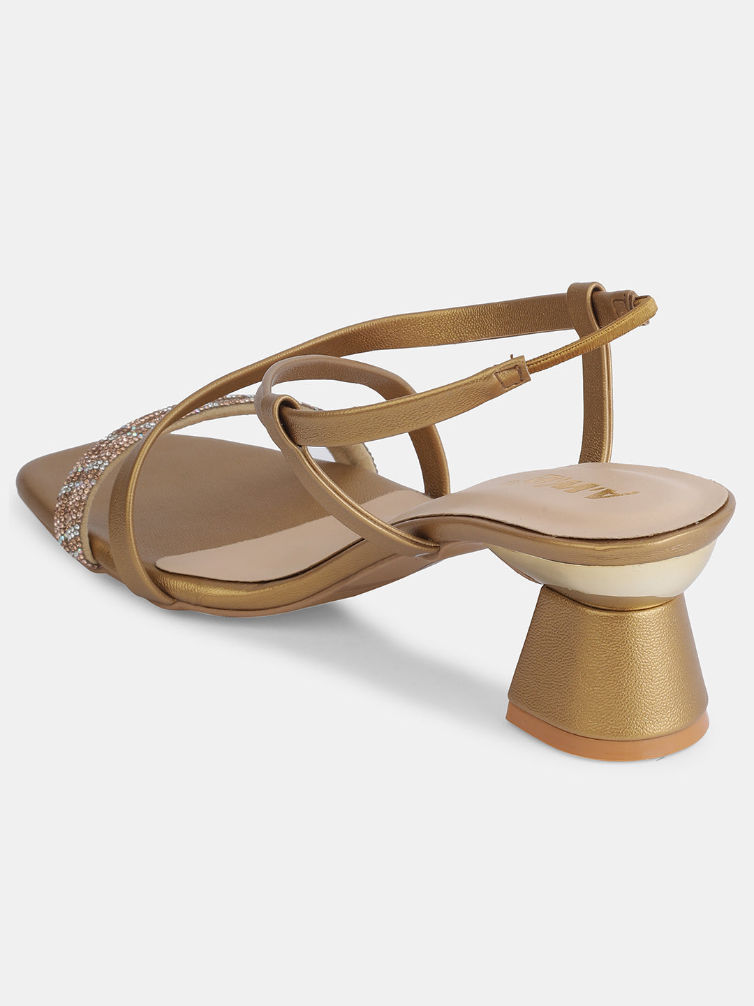 Womens Golden Block Heel Sandals with Crystal Embellished Straps | Party & Ethnic Wear | Heel size 2 inch