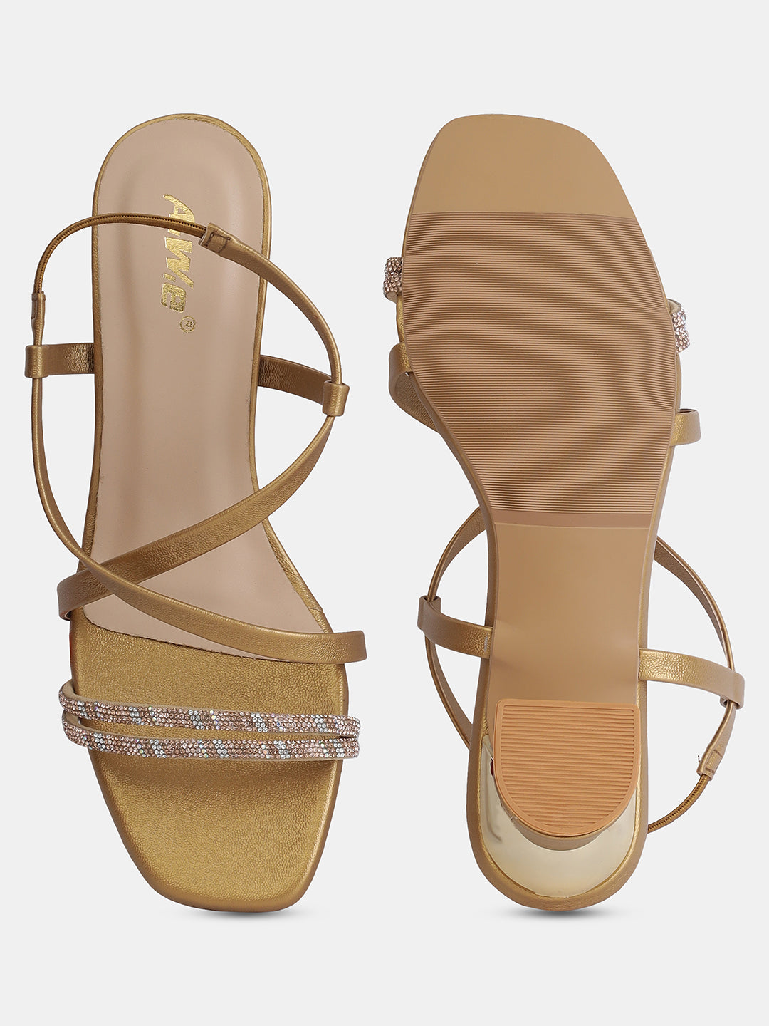 Womens Golden Block Heel Sandals with Crystal Embellished Straps | Party & Ethnic Wear | Heel size 2 inch
