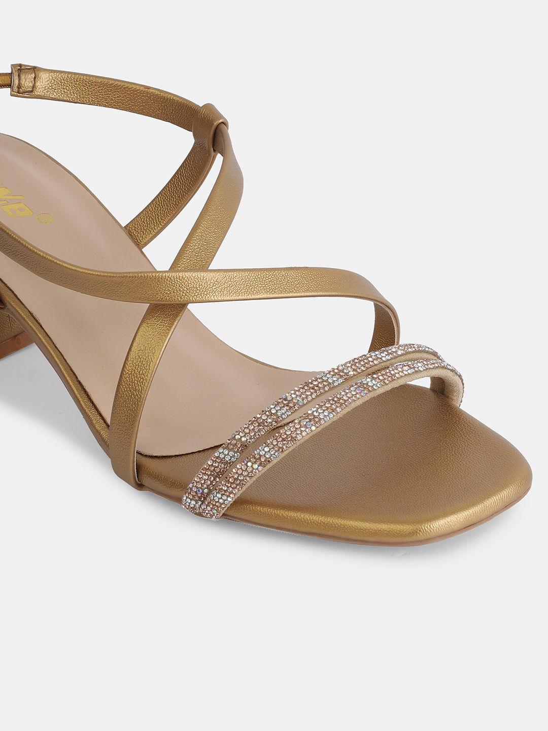 Womens Golden Block Heel Sandals with Crystal Embellished Straps | Party & Ethnic Wear | Heel size 2 inch