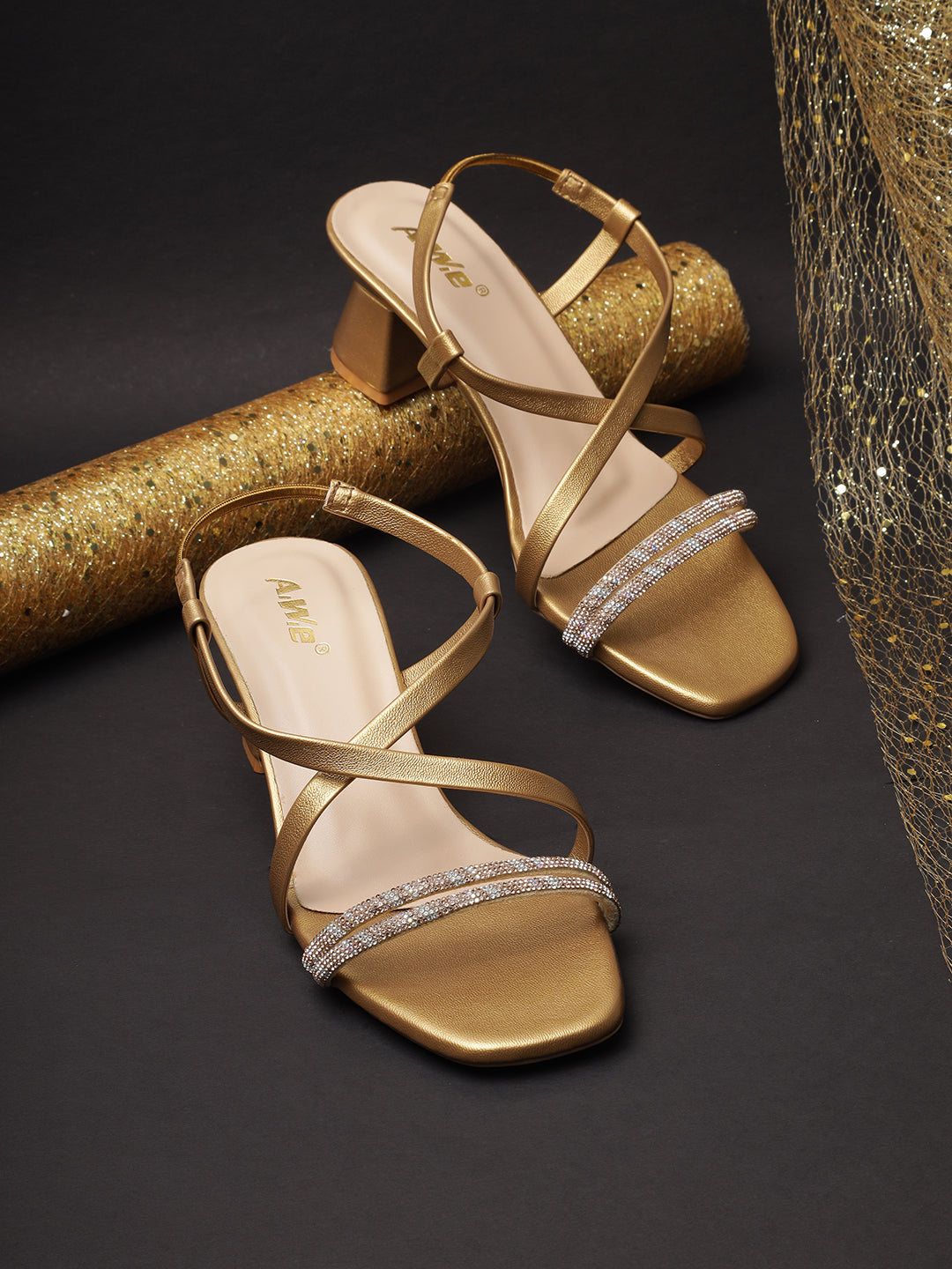 Womens Golden Block Heel Sandals with Crystal Embellished Straps | Party & Ethnic Wear | Heel size 2 inch