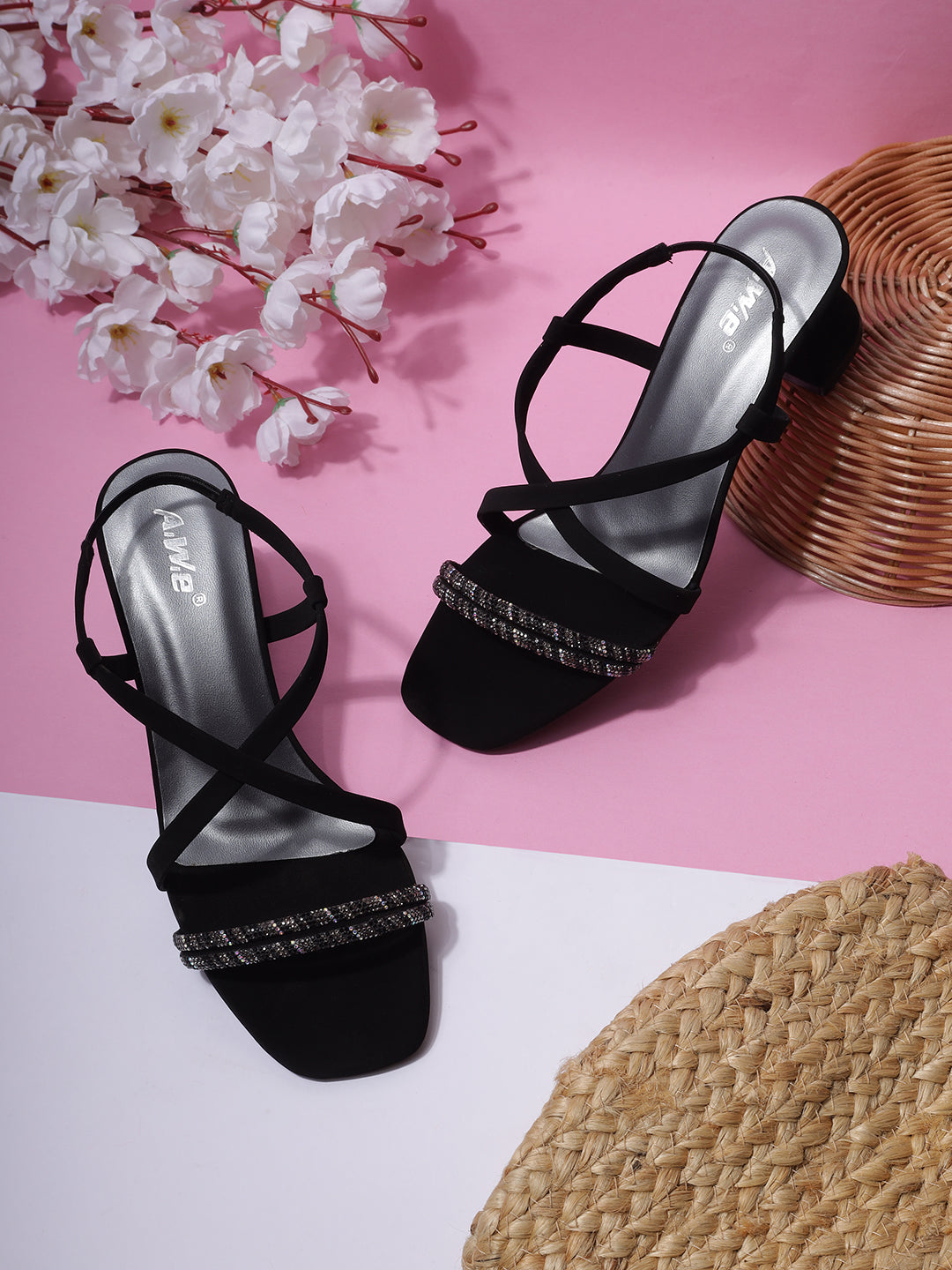 Womens Golden Block Heel Sandals with Crystal Embellished Straps | Party & Ethnic Wear | Heel size 2 inch