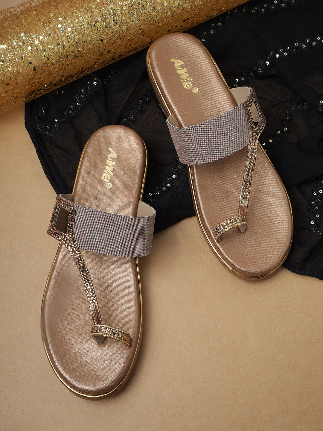 Aiwie Womens Embellished Toe-Ring Slip-On Sandals with Elastic Strap | Festive & Partywear Flats Heel Size : 1.5 Inches