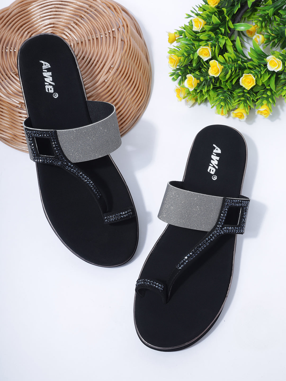 Aiwie Womens Embellished Toe-Ring Slip-On Sandals with Elastic Strap | Festive & Partywear Flats Heel Size : 1.5 Inches