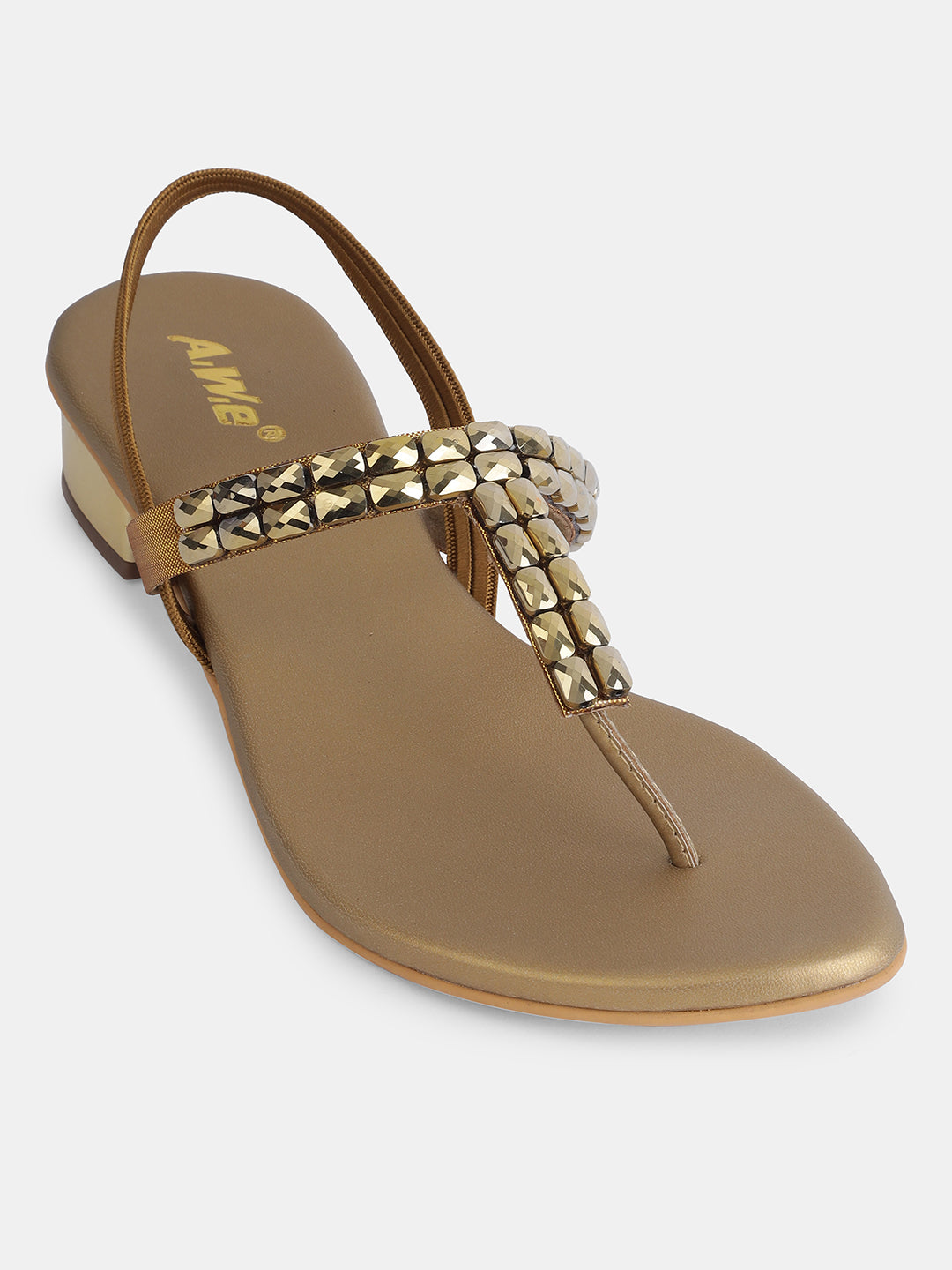 Womens Golden Embellished Toe Ring Flats | Ethnic & Festive Slip-On Sandals Heel Size : 1.5 Inches