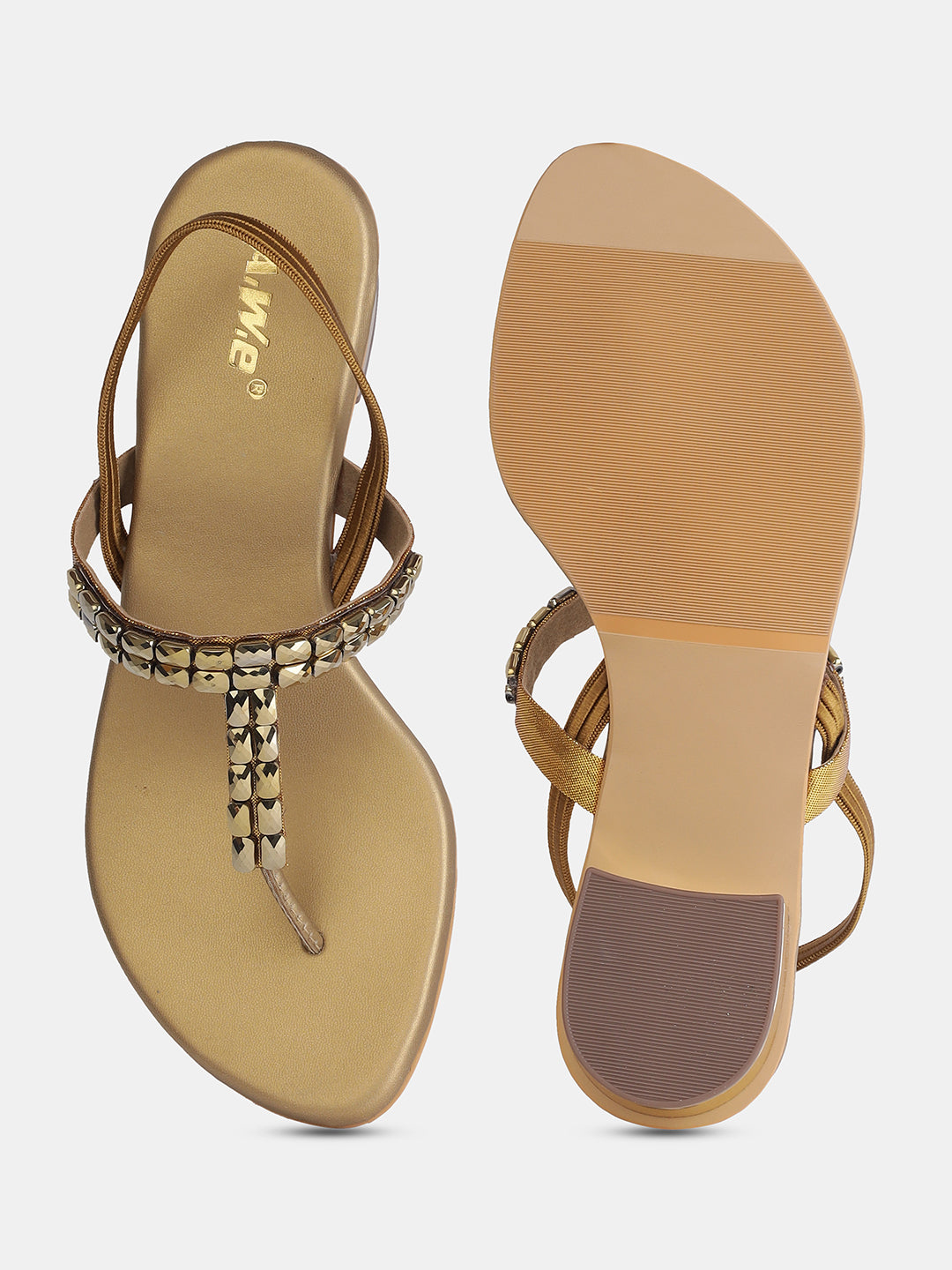 Womens Golden Embellished Toe Ring Flats | Ethnic & Festive Slip-On Sandals Heel Size : 1.5 Inches