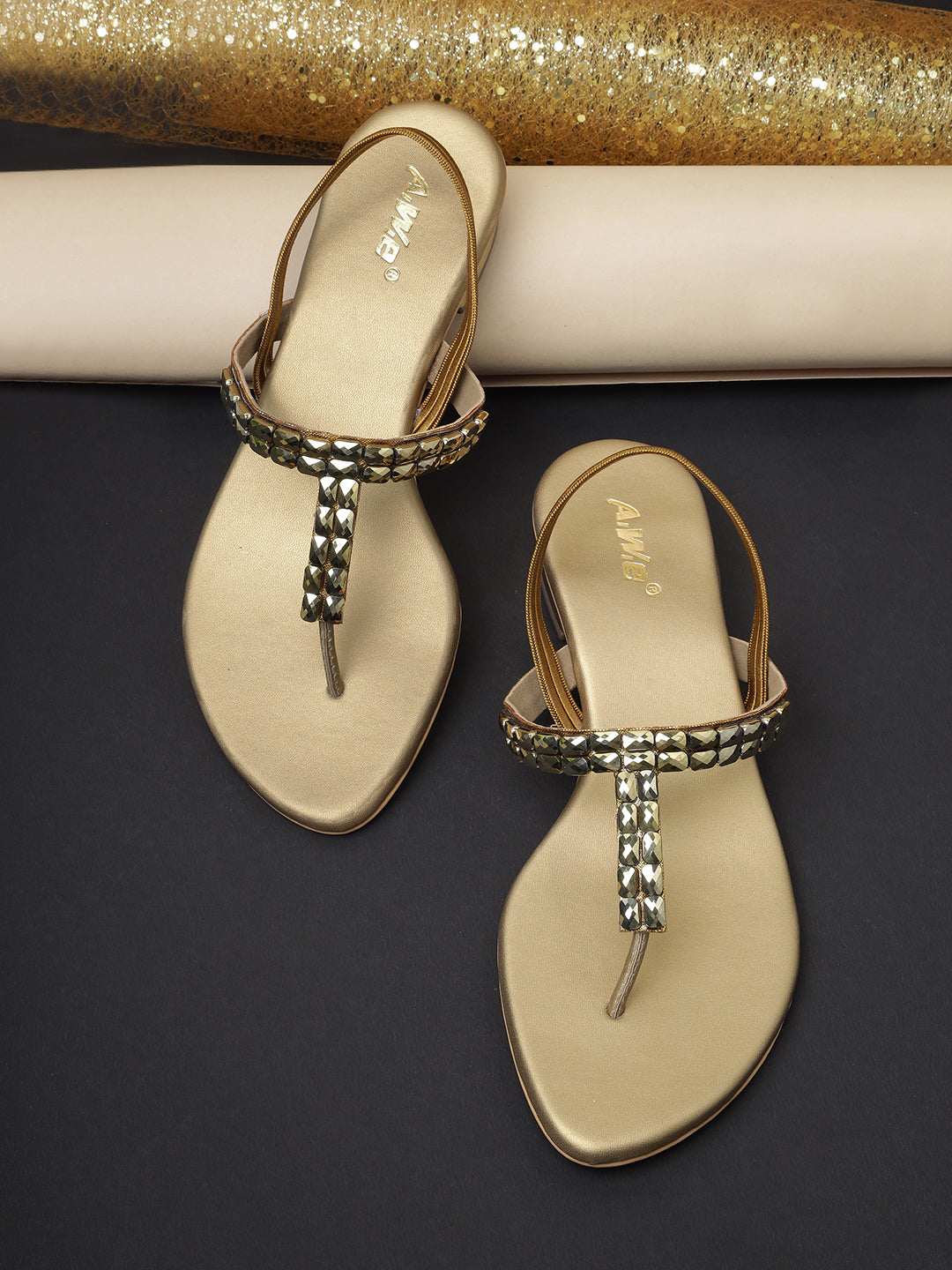 Womens Golden Embellished Toe Ring Flats | Ethnic & Festive Slip-On Sandals Heel Size : 1.5 Inches