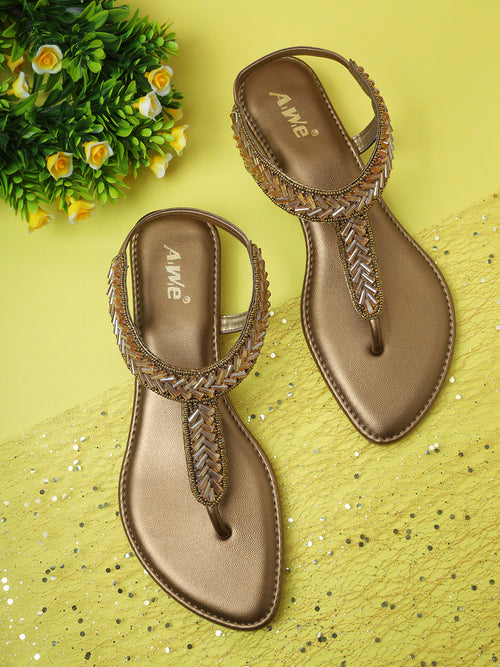 Aiwie Women's Embellished Ethnic Flat Sandals | Stylish Slip-On Toe Ring Flats | Traditional Party & Festive Footwear