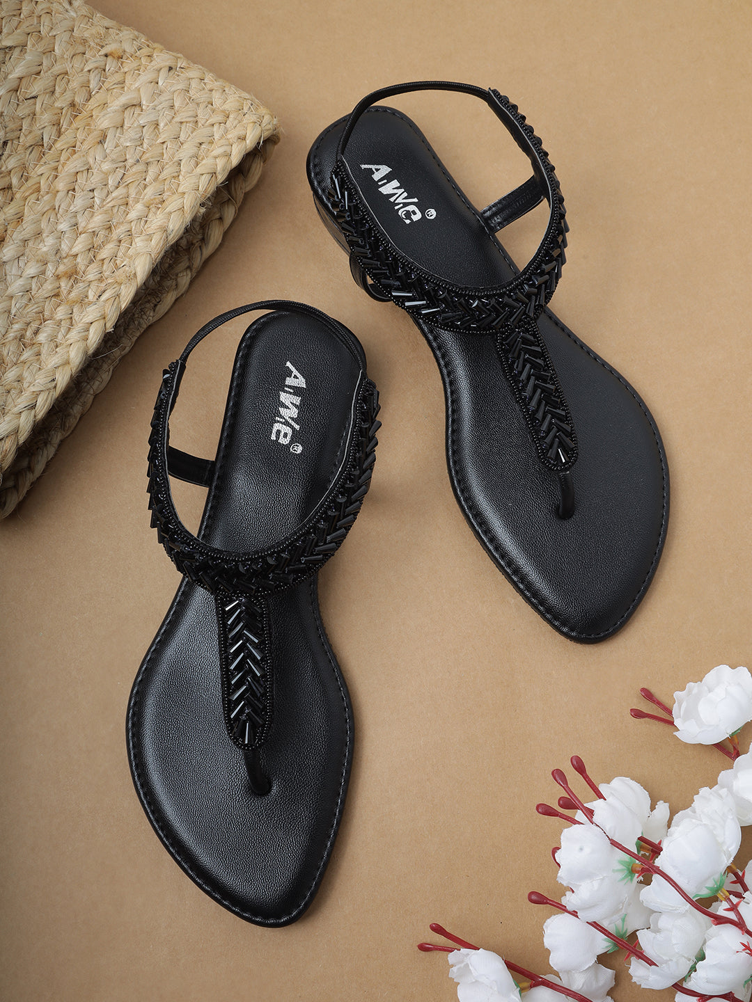 Aiwie Women's Embellished Ethnic Flat Sandals | Stylish Slip-On Toe Ring Flats | Traditional Party & Festive Footwear