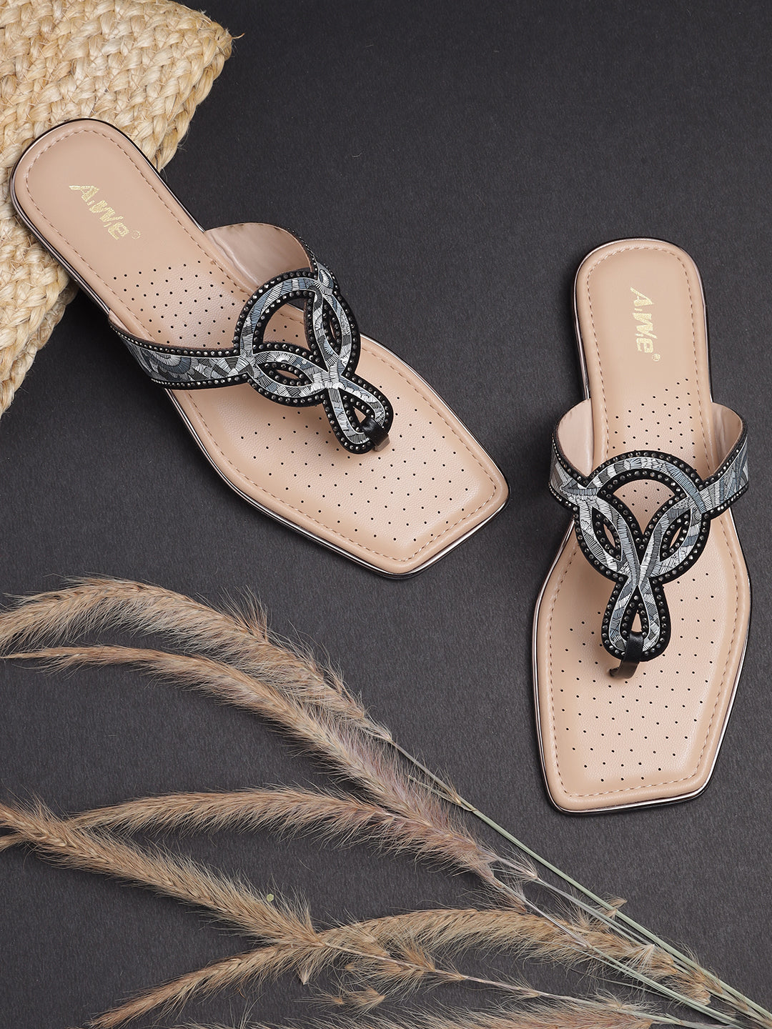 Women's Ethnic Toe-Loop Flats | Embellished Knot Design Slip-On Sandals for Festive & Casual Wear