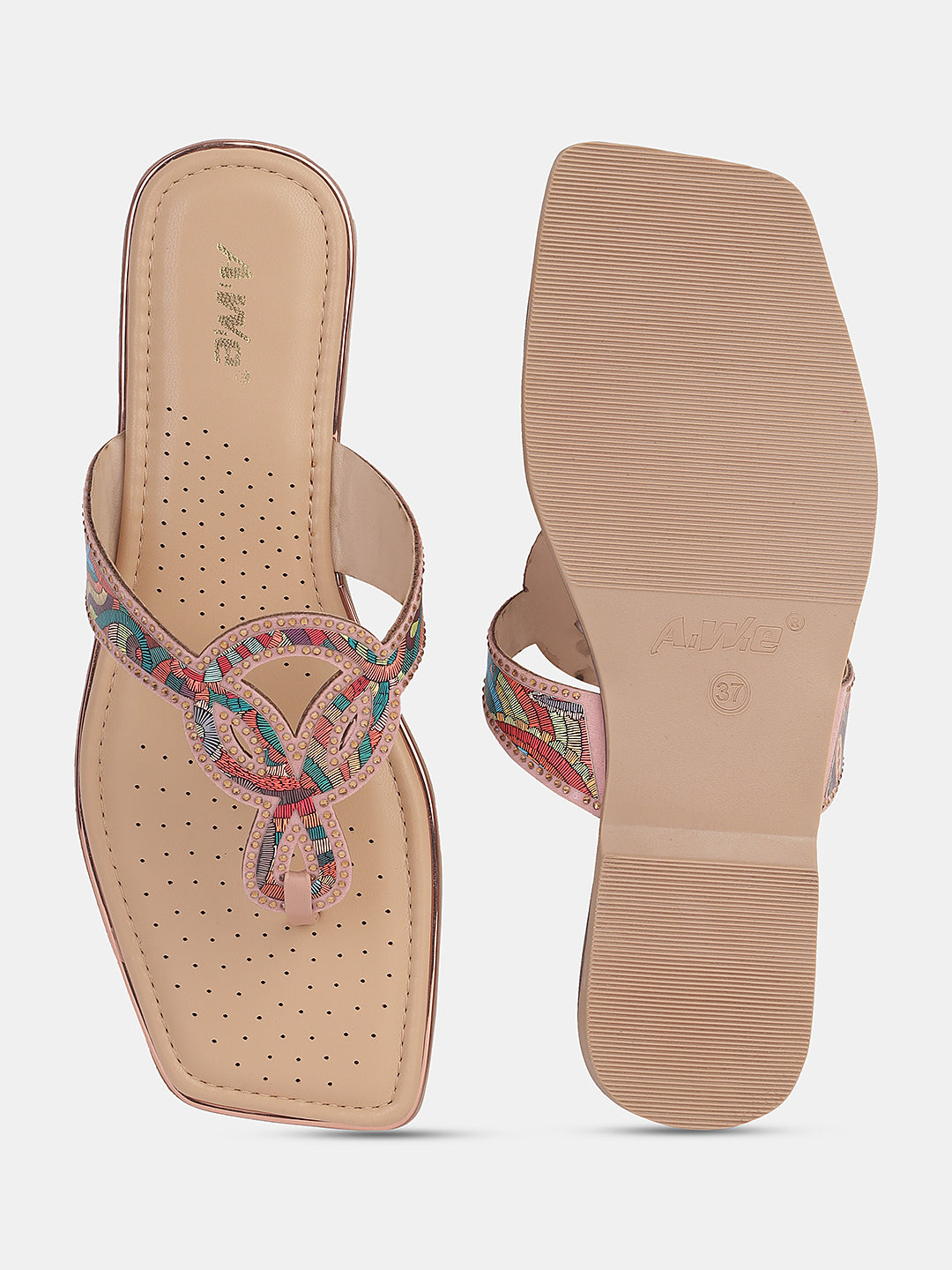 Women's Ethnic Toe-Loop Flats | Embellished Knot Design Slip-On Sandals for Festive & Casual Wear