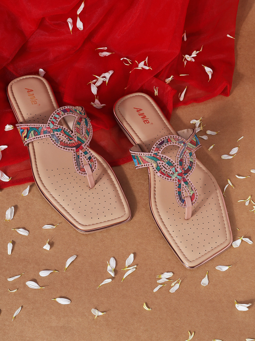 Women's Ethnic Toe-Loop Flats | Embellished Knot Design Slip-On Sandals for Festive & Casual Wear