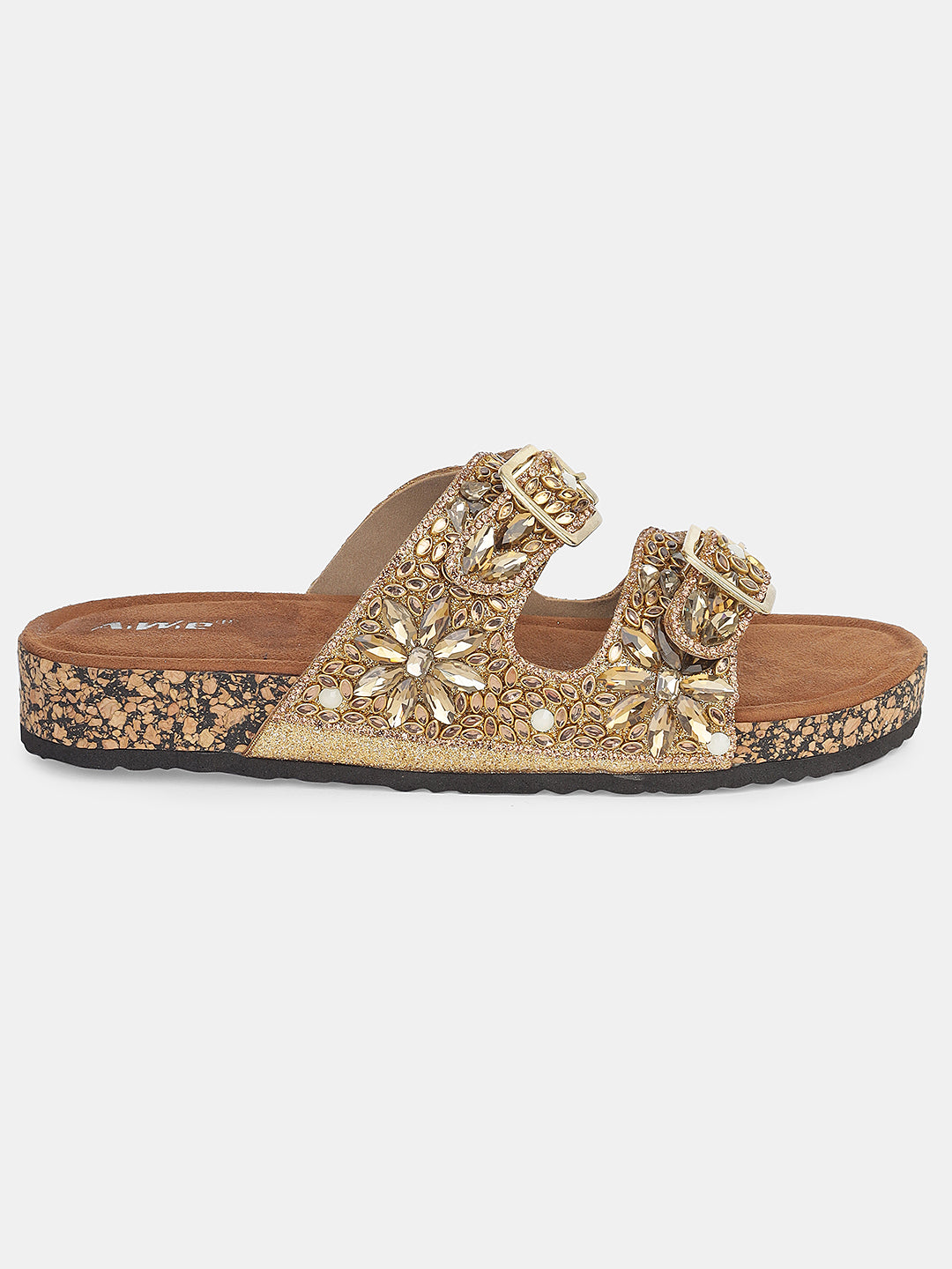 Women's Embellished Double Buckle Slip-On Flats | Festive & Daily Wear Comfort Sandals