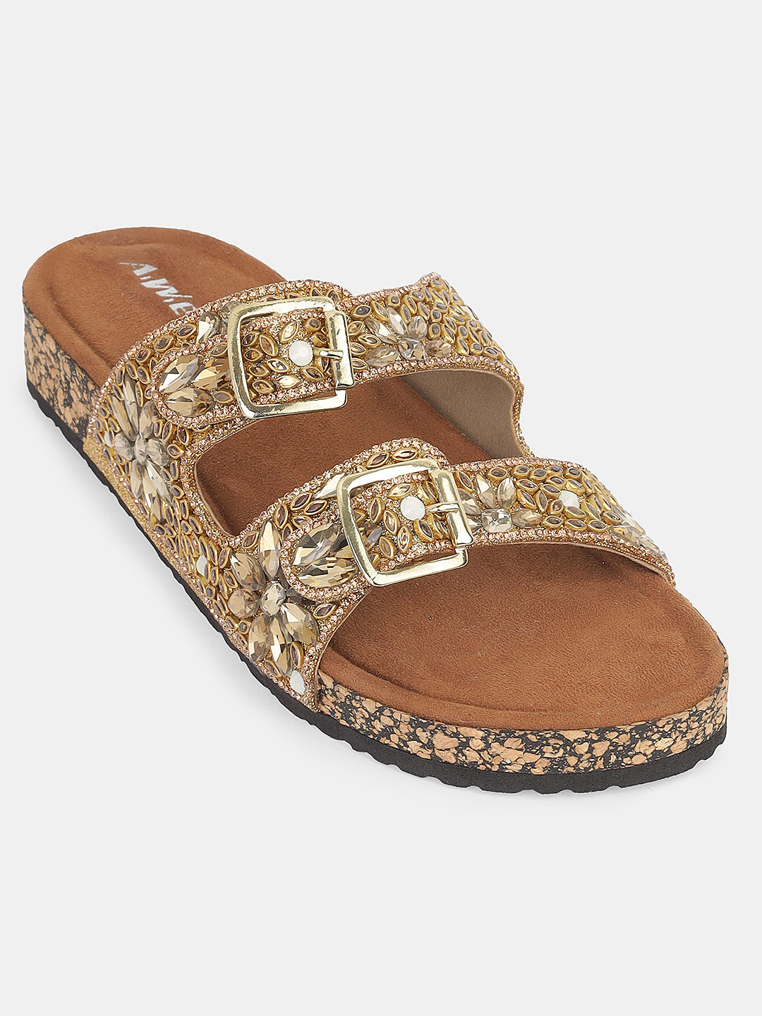 Women's Embellished Double Buckle Slip-On Flats | Festive & Daily Wear Comfort Sandals