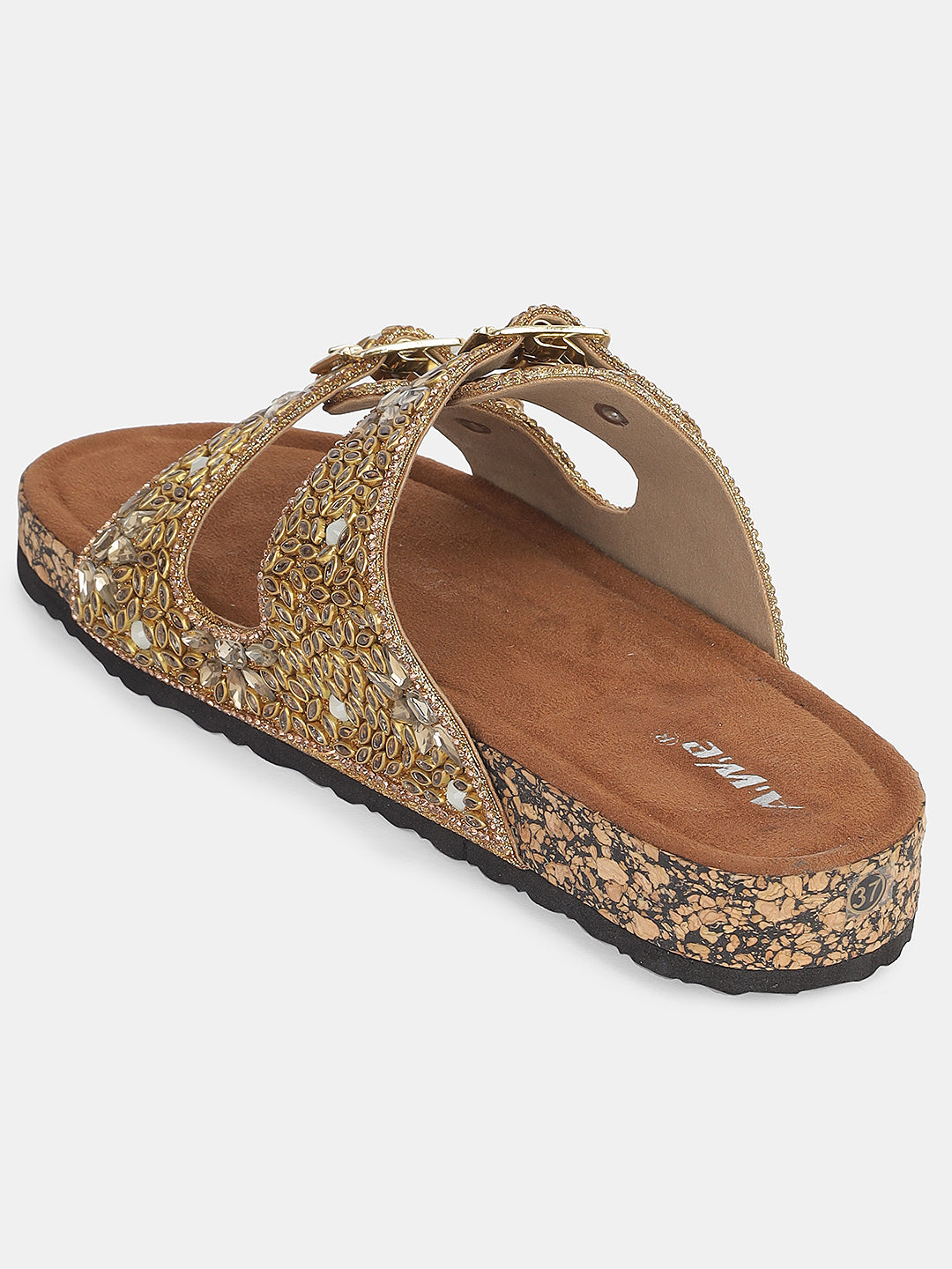 Women's Embellished Double Buckle Slip-On Flats | Festive & Daily Wear Comfort Sandals