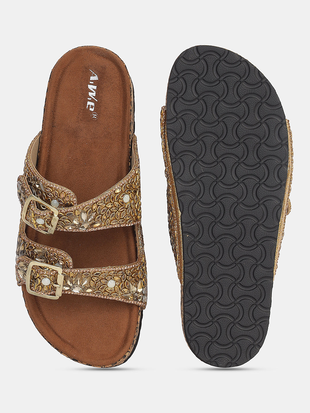 Women's Embellished Double Buckle Slip-On Flats | Festive & Daily Wear Comfort Sandals