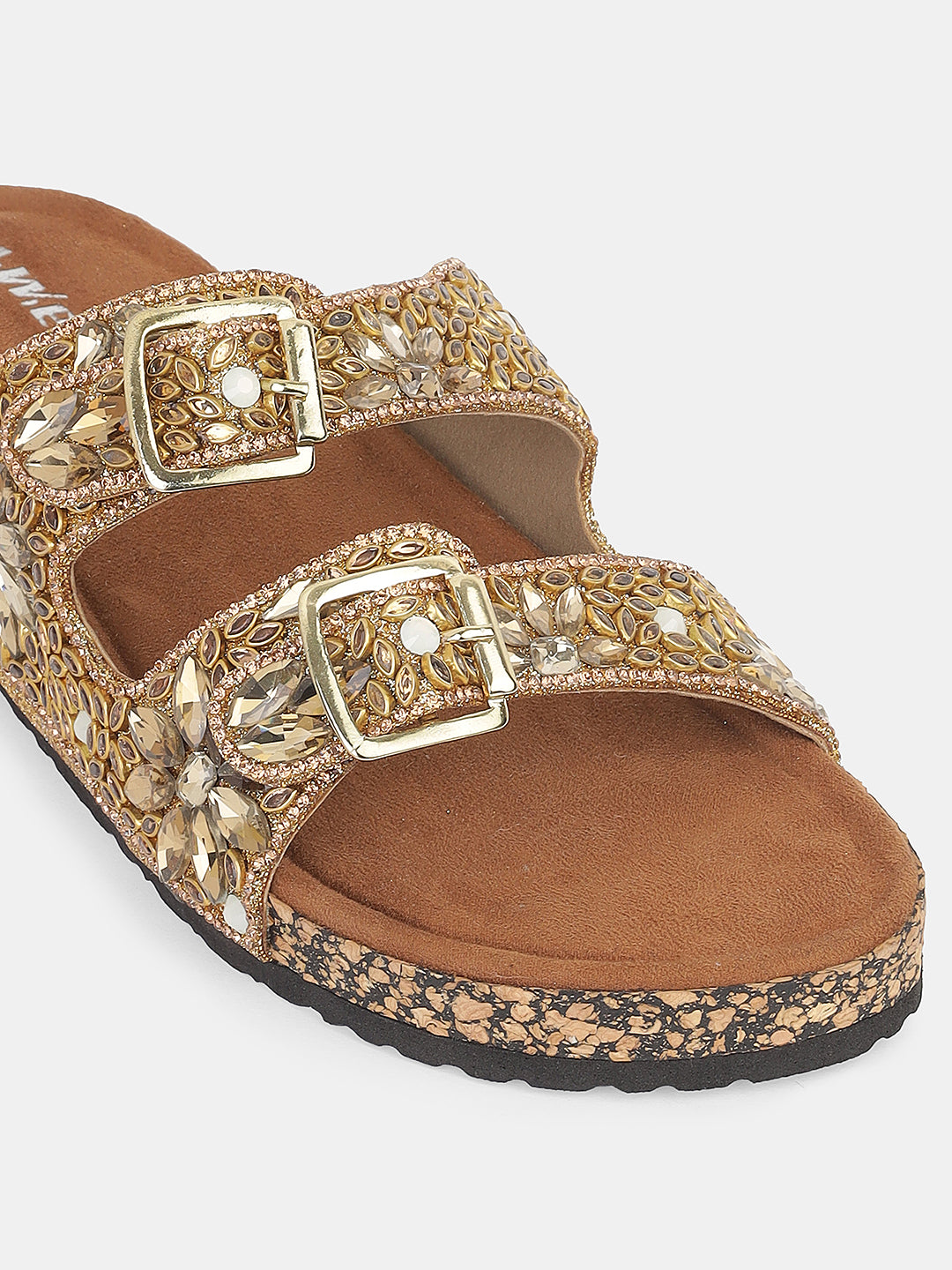 Women's Embellished Double Buckle Slip-On Flats | Festive & Daily Wear Comfort Sandals
