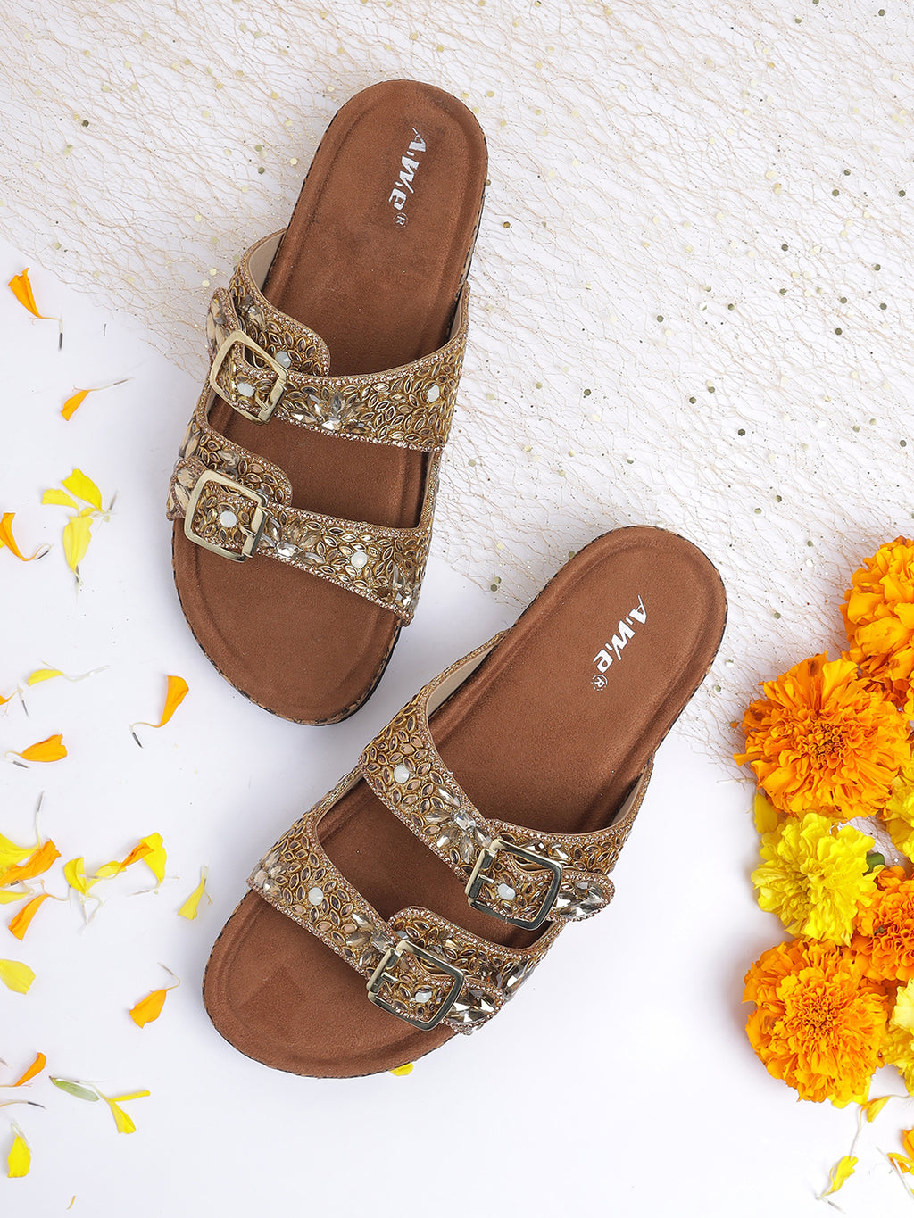 Women's Embellished Double Buckle Slip-On Flats | Festive & Daily Wear Comfort Sandals