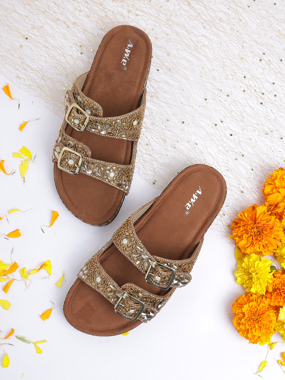 Women's Embellished Double Buckle Slip-On Flats | Festive & Daily Wear Comfort Sandals