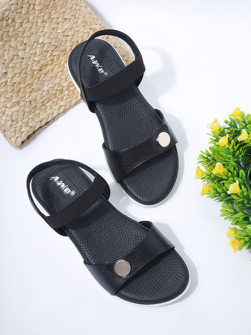 Aiwie Women's Casual Flat Sandals with Back Strap | Comfortable Slip-On Sandals with Metal Button Detail | Everyday Walking Footwear