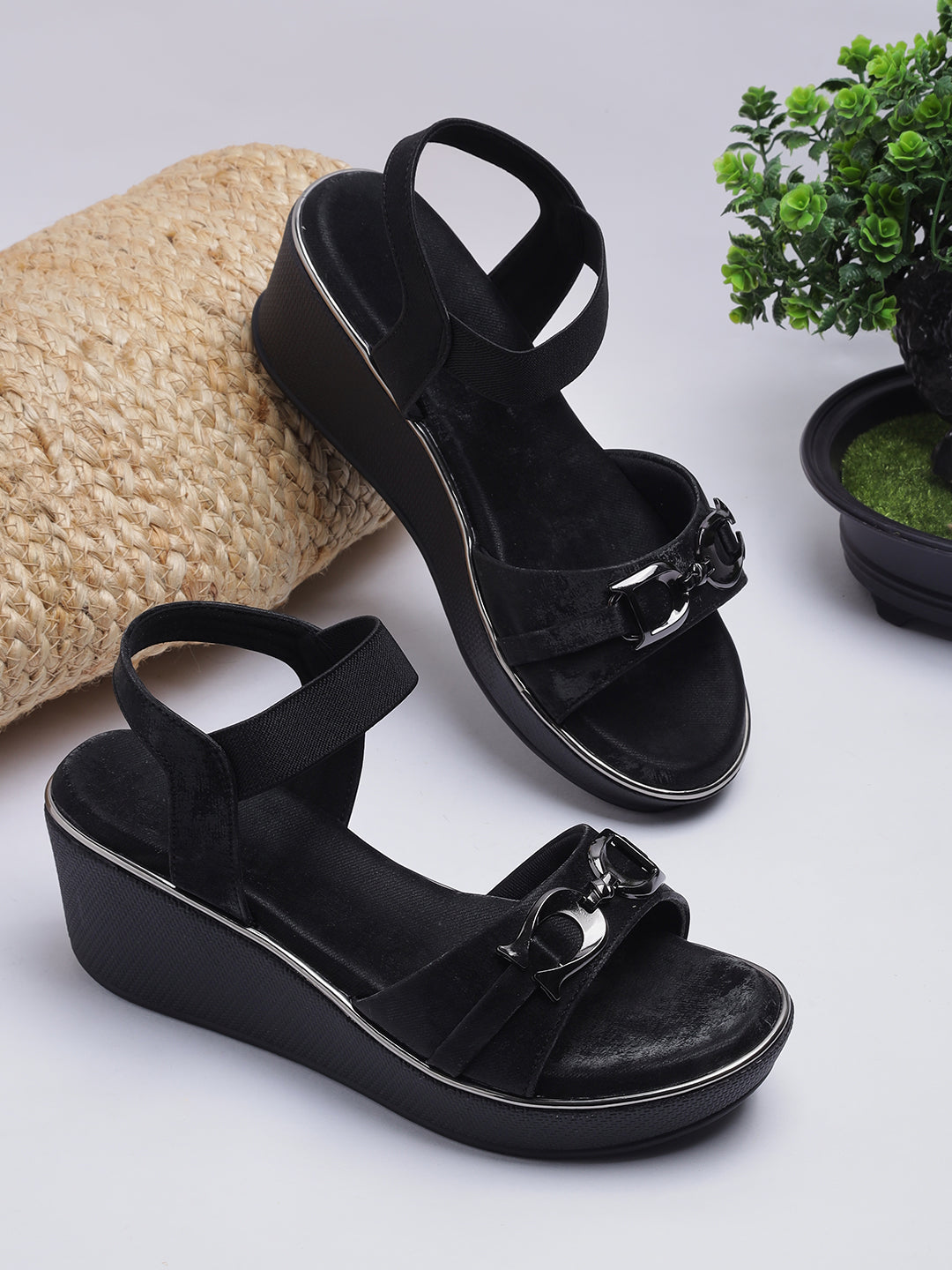 Womens Stylish Wedge Sandals with Front Buckle Detailing | Comfortable Daily & Occasion Wear Footwear Heel Size : 2 Inches