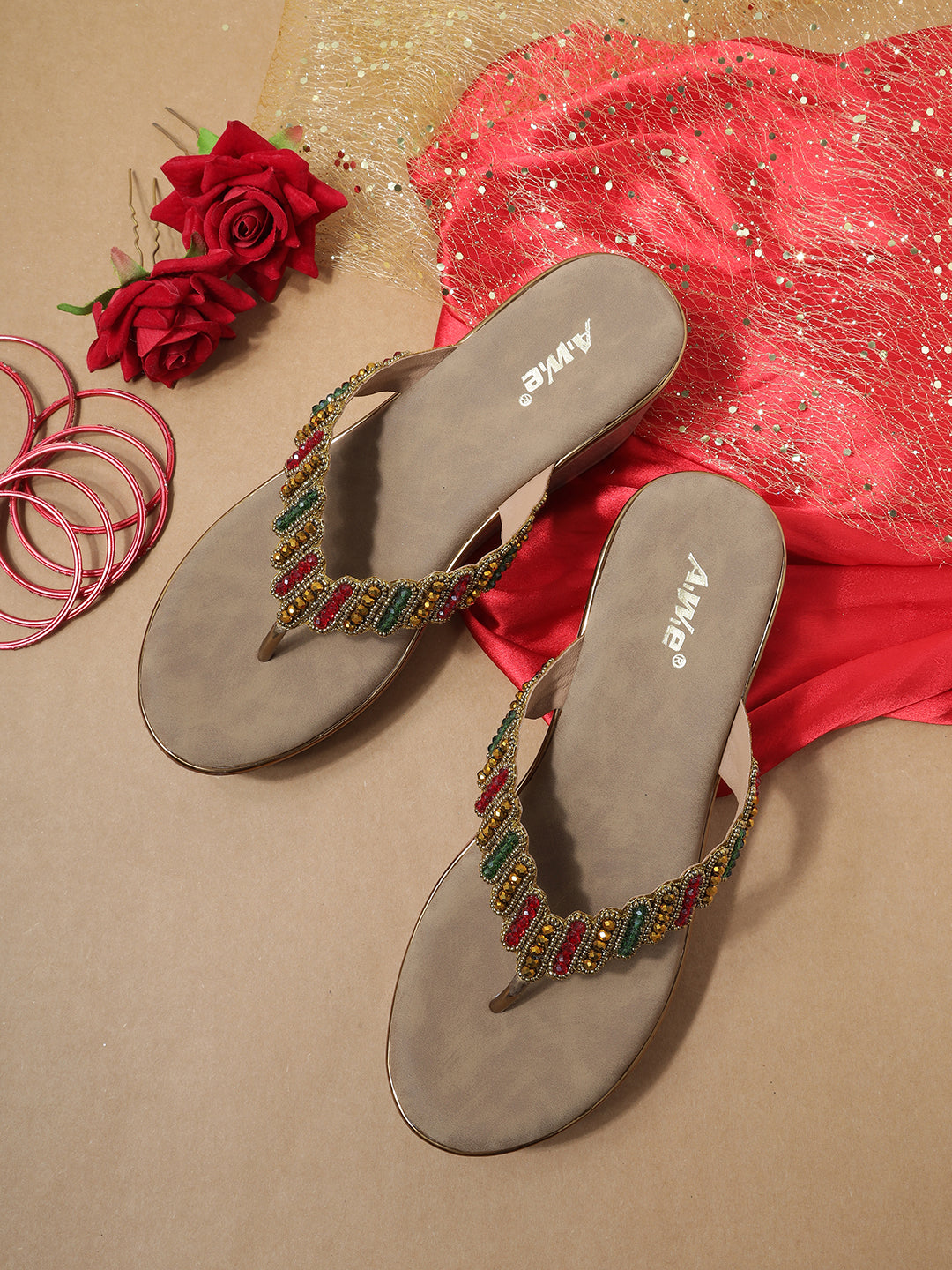 Aiwie Womens Embellished Ethnic Slip-On Flats | Beaded Traditional Toe Ring Sandals | Festive & Wedding Wear Footwear Heel Size : 2 Inches