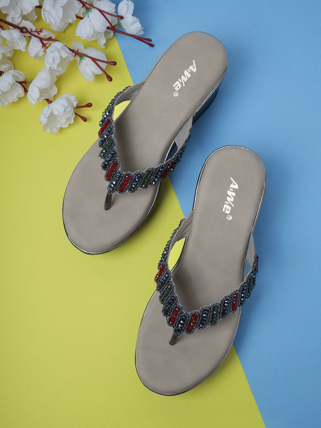 Aiwie Womens Embellished Ethnic Slip-On Flats | Beaded Traditional Toe Ring Sandals | Festive & Wedding Wear Footwear Heel Size : 2 Inches