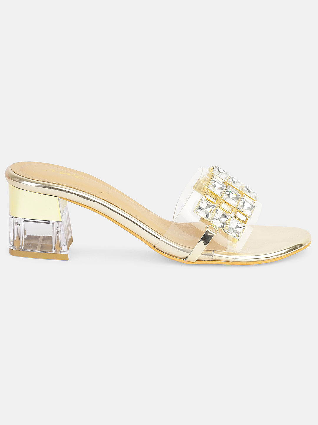 Womens Transparent Block Heel Slip-On with Studded Strap | Trendy Party & Casual Footwea Heel Size : 2 Inches