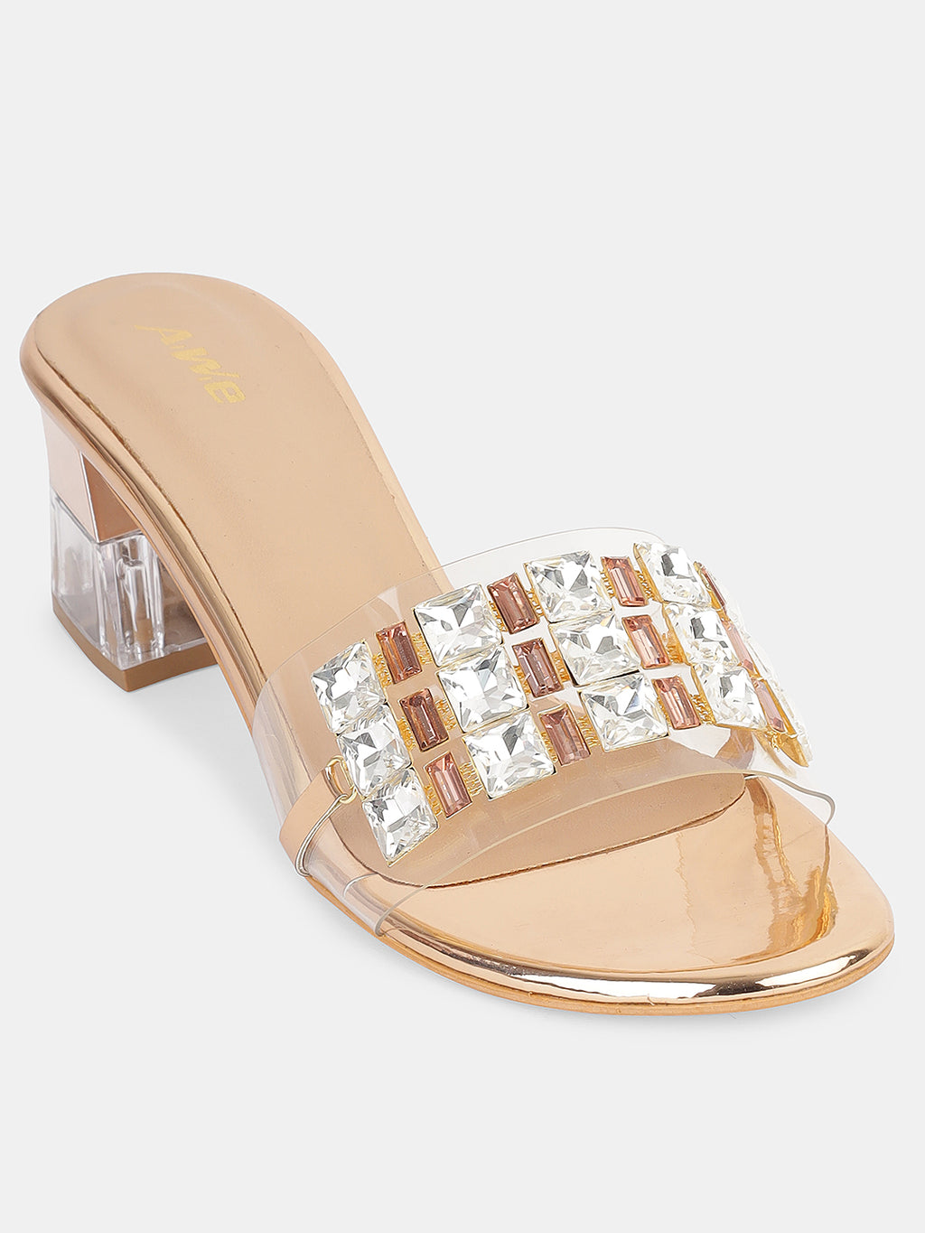 Womens Transparent Block Heel Slip-On with Studded Strap | Trendy Party & Casual Footwea Heel Size : 2 Inches