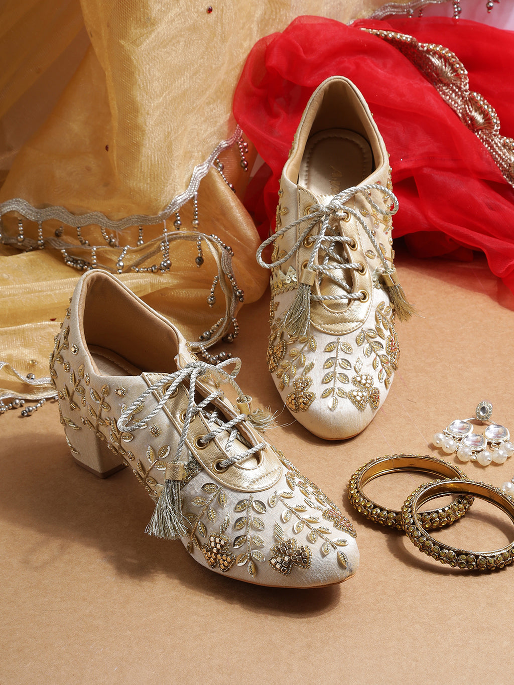 Womens Embroidered Lace-Up Ethnic Block Heels | Festive & Wedding Wear Juttis Heel Size : 2 Inches