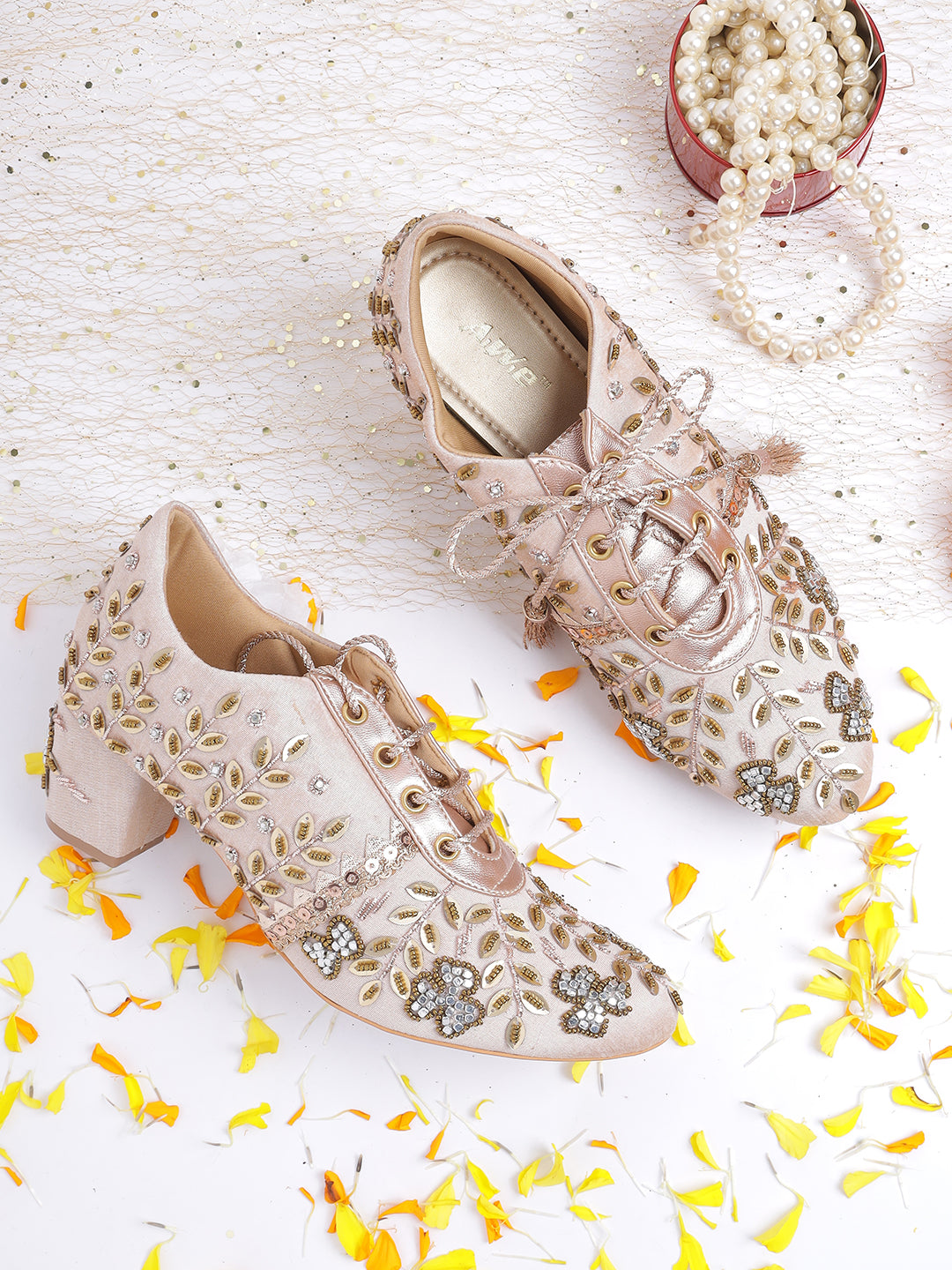 Womens Embroidered Lace-Up Ethnic Block Heels | Festive & Wedding Wear Juttis Heel Size : 2 Inches