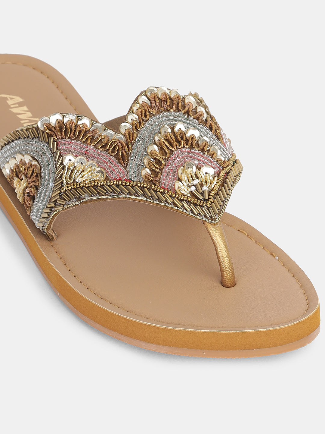 Women's Ethnic Beaded Slip-On Flats | Handcrafted Festive Kolhapuri Style Sandals