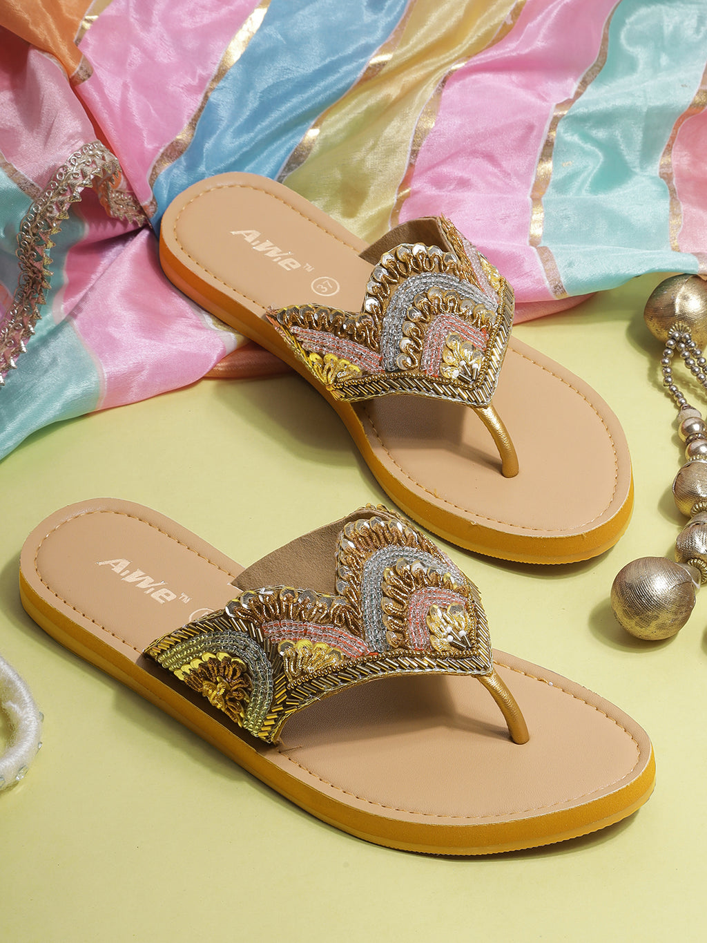 Women's Ethnic Beaded Slip-On Flats | Handcrafted Festive Kolhapuri Style Sandals