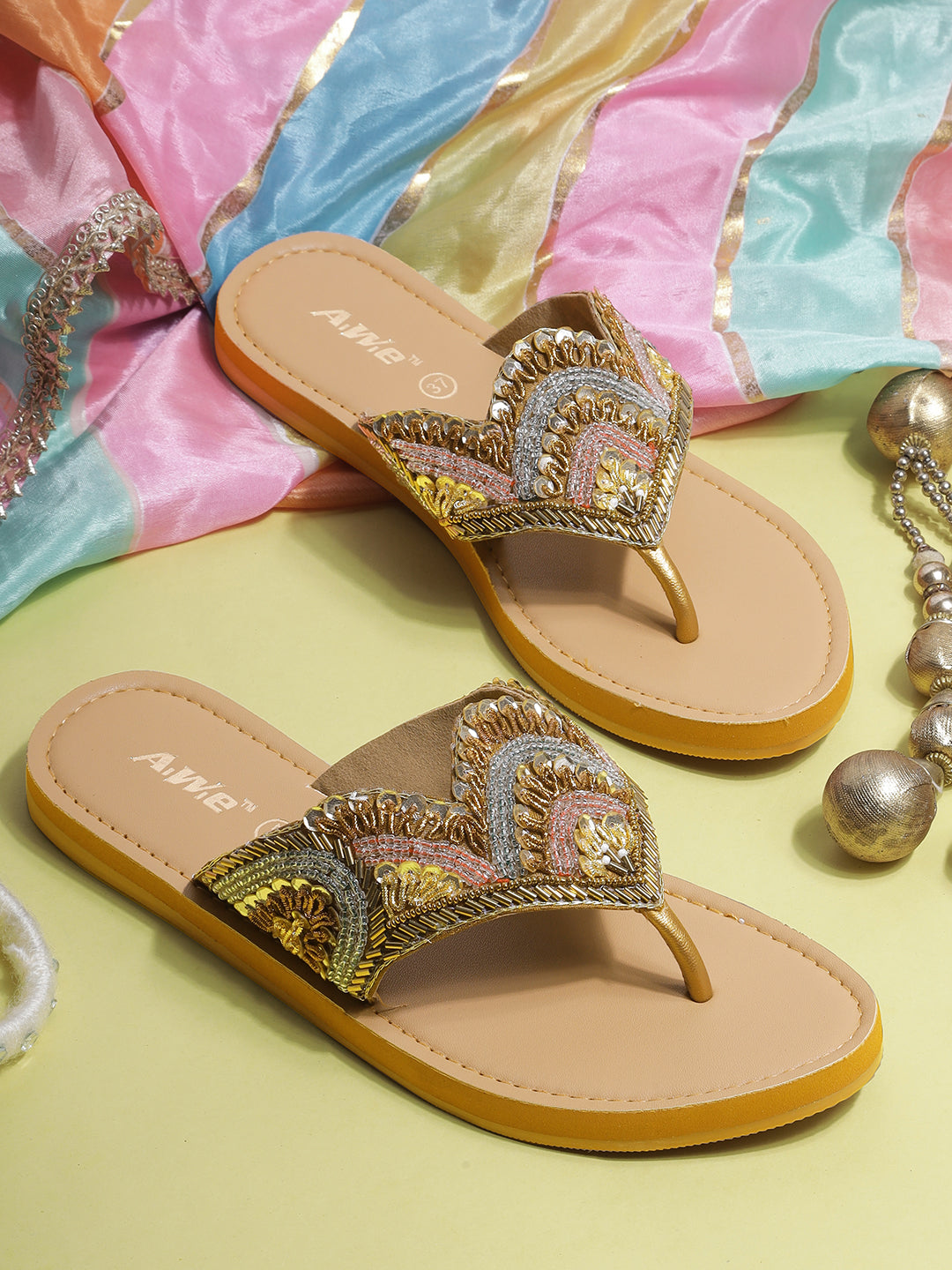 Women's Ethnic Beaded Slip-On Flats | Handcrafted Festive Kolhapuri Style Sandals
