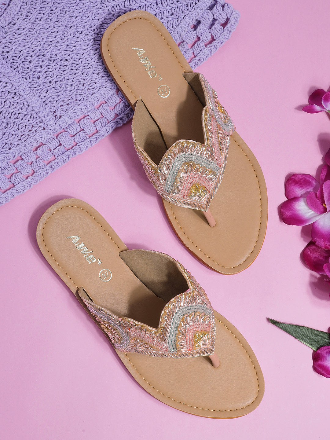 Women's Ethnic Beaded Slip-On Flats | Handcrafted Festive Kolhapuri Style Sandals