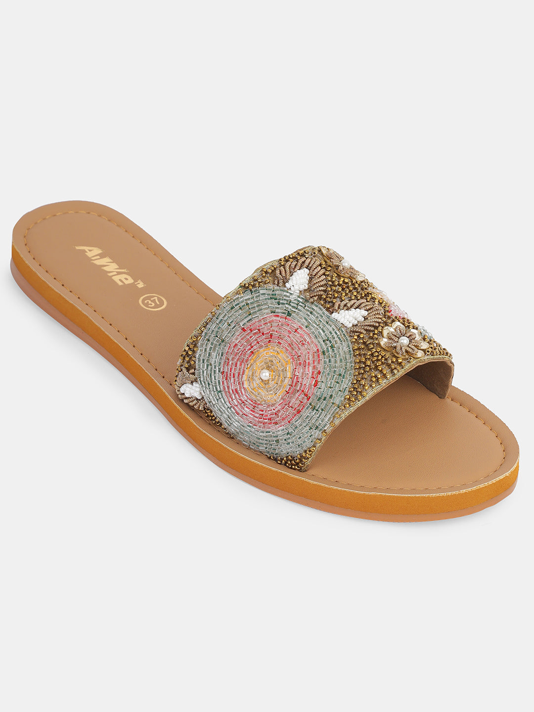 Women's Ethnic Embroidered Open-Toe Slides | Handcrafted Festive Flat Sandals