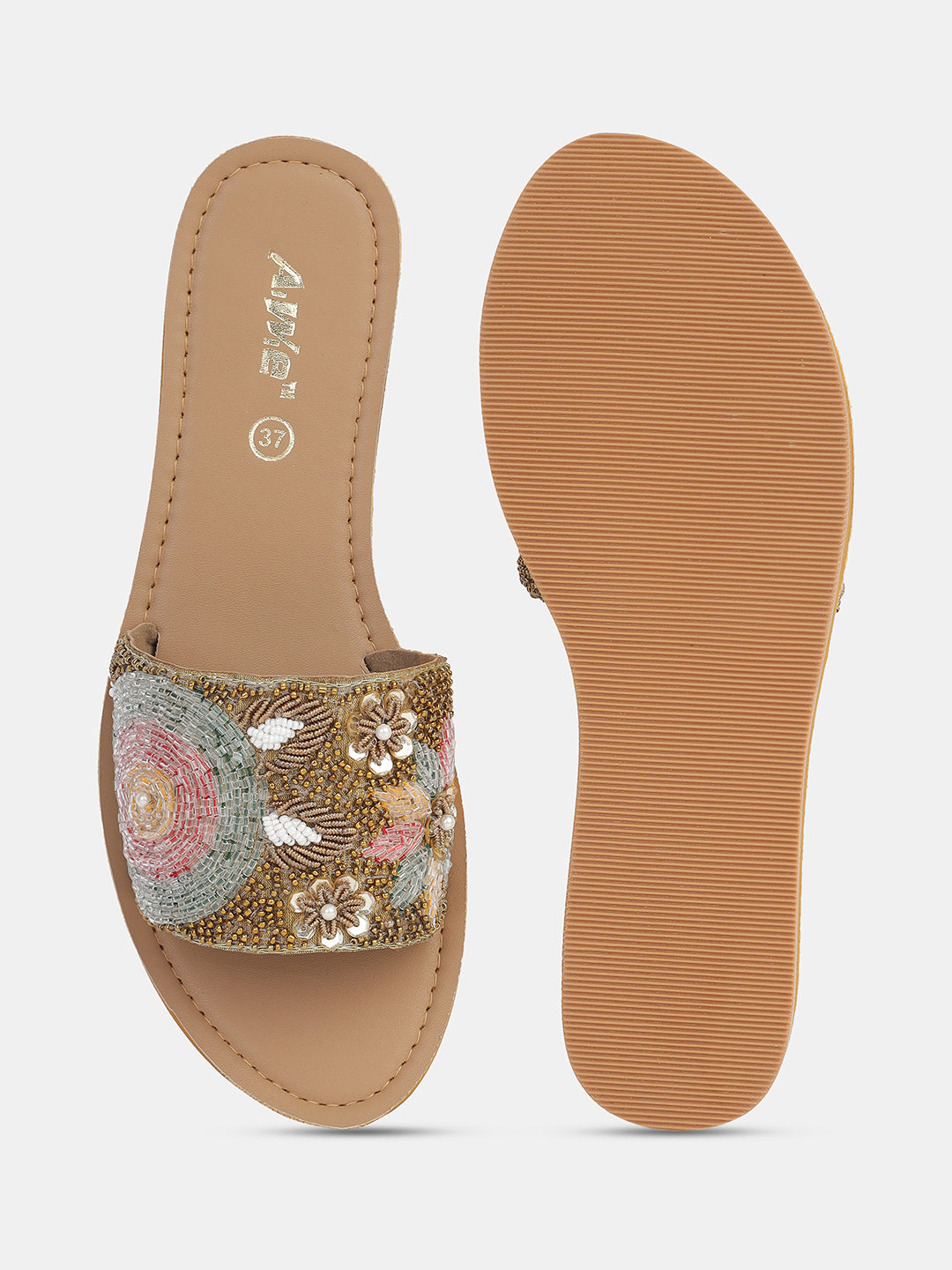 Women's Ethnic Embroidered Open-Toe Slides | Handcrafted Festive Flat Sandals