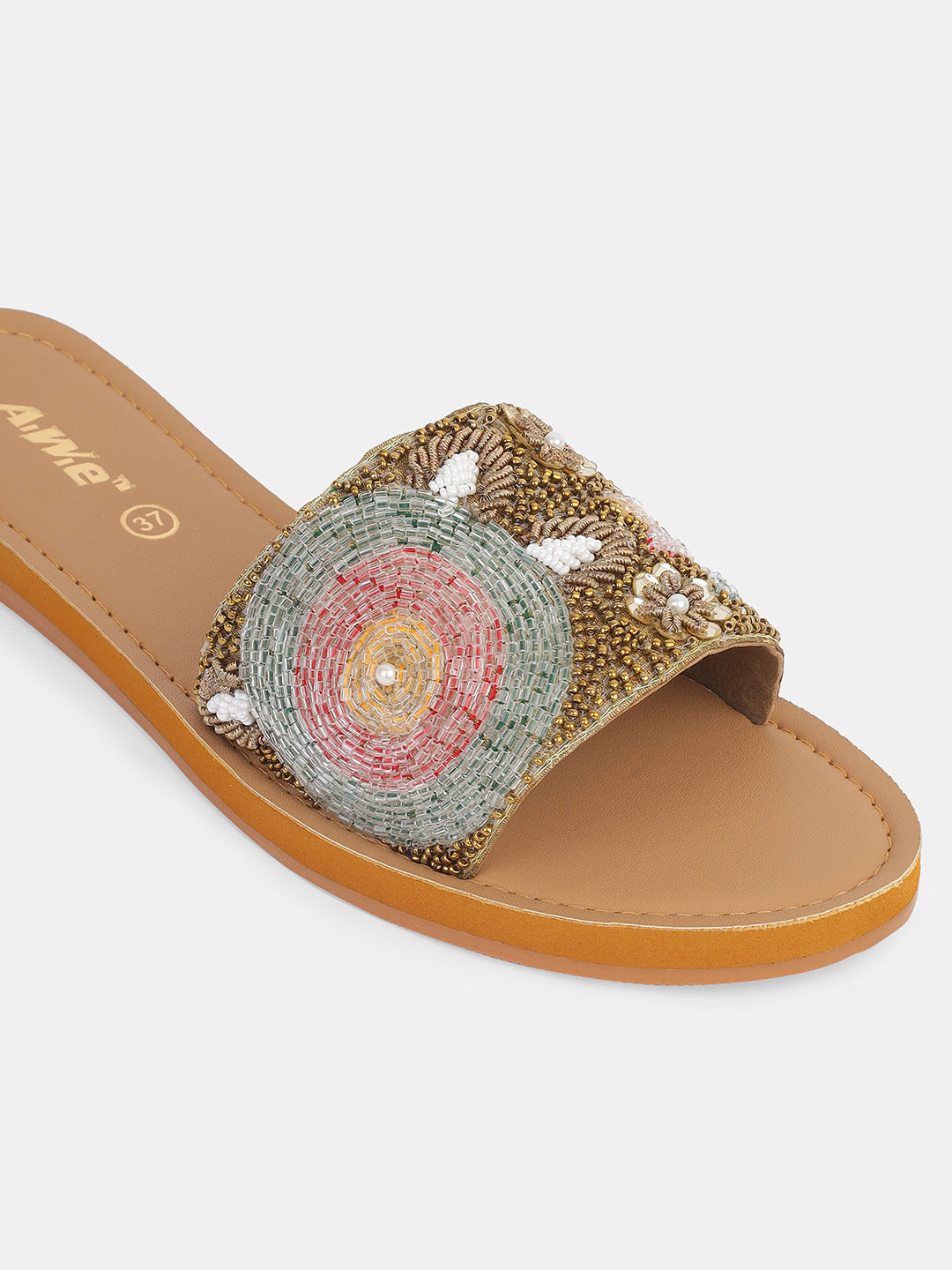 Women's Ethnic Embroidered Open-Toe Slides | Handcrafted Festive Flat Sandals