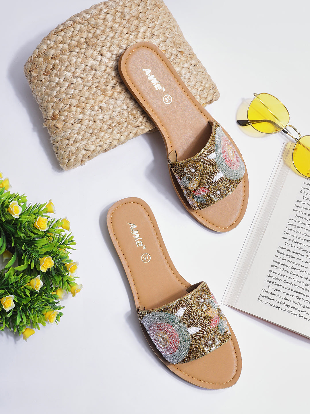 Women's Ethnic Embroidered Open-Toe Slides | Handcrafted Festive Flat Sandals