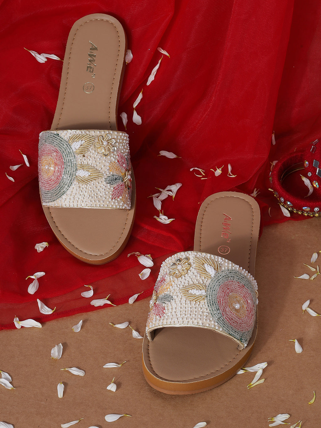 Womens Embroidered Ethnic Slip-On Flats | Festive Handcrafted Open-Toe Slides