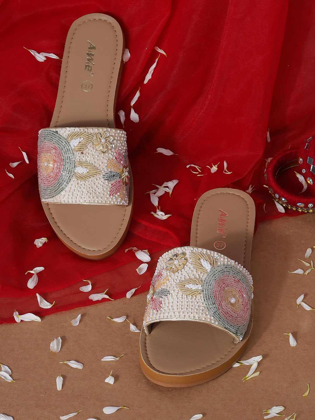 Womens Embroidered Ethnic Slip-On Flats | Festive Handcrafted Open-Toe Slides