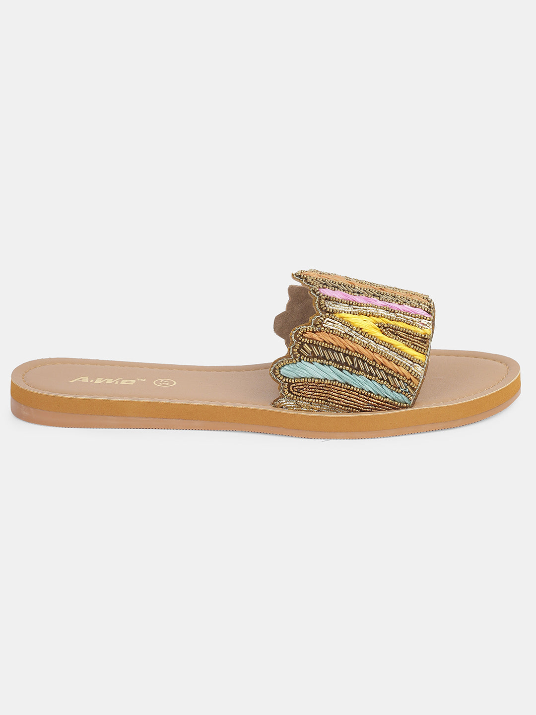 Womens Embroidered Slip-On Flats | Handcrafted Ethnic Festive Slides with Beaded Detailing