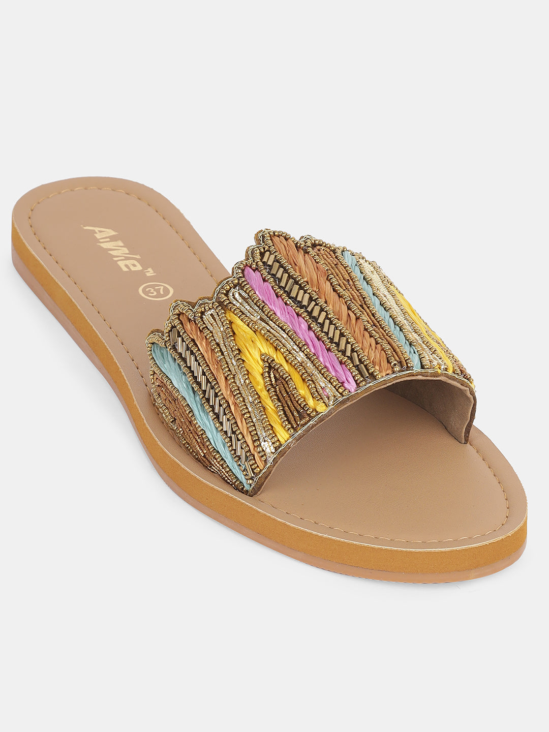Womens Embroidered Slip-On Flats | Handcrafted Ethnic Festive Slides with Beaded Detailing