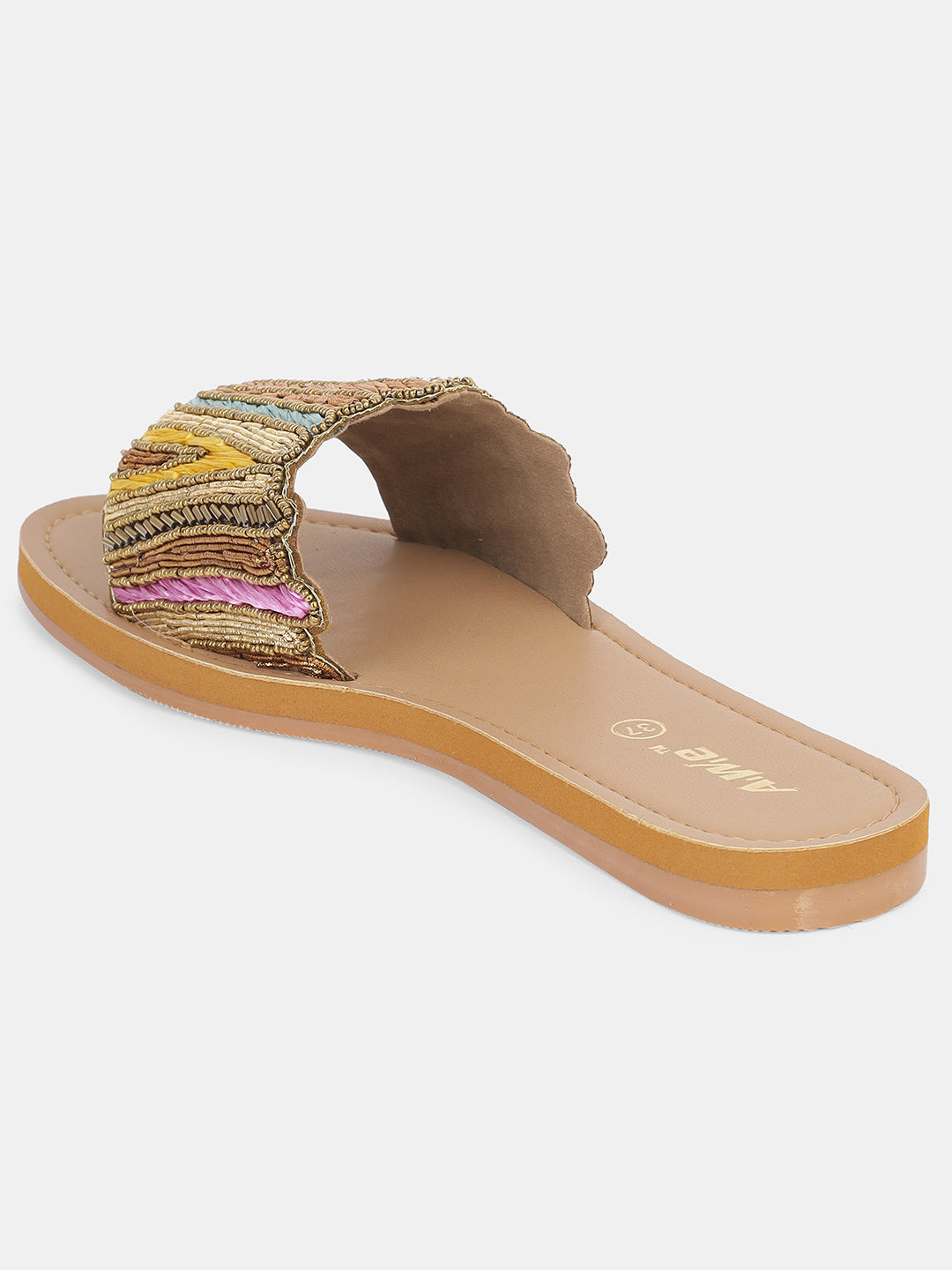 Womens Embroidered Slip-On Flats | Handcrafted Ethnic Festive Slides with Beaded Detailing