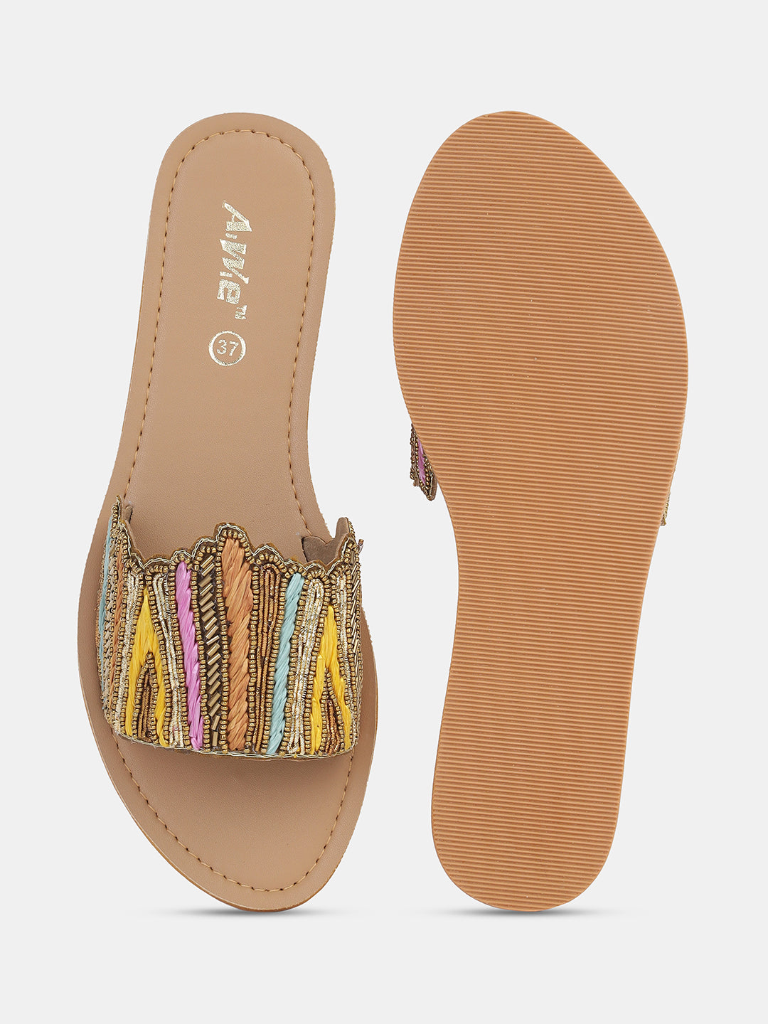 Womens Embroidered Slip-On Flats | Handcrafted Ethnic Festive Slides with Beaded Detailing