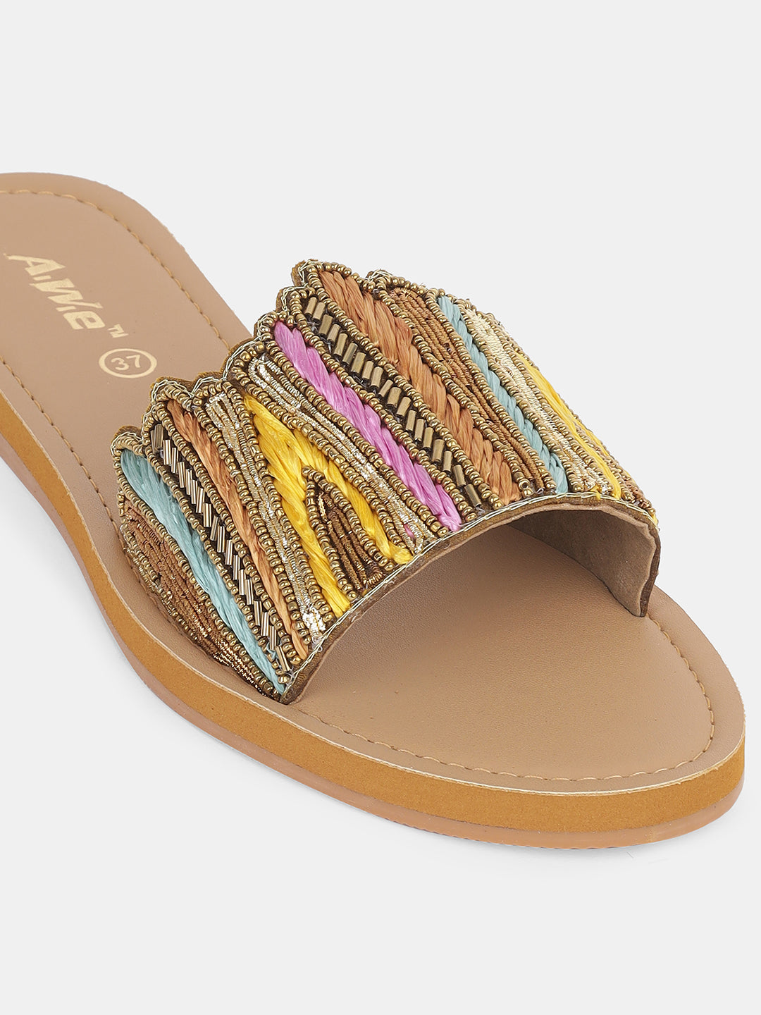Womens Embroidered Slip-On Flats | Handcrafted Ethnic Festive Slides with Beaded Detailing