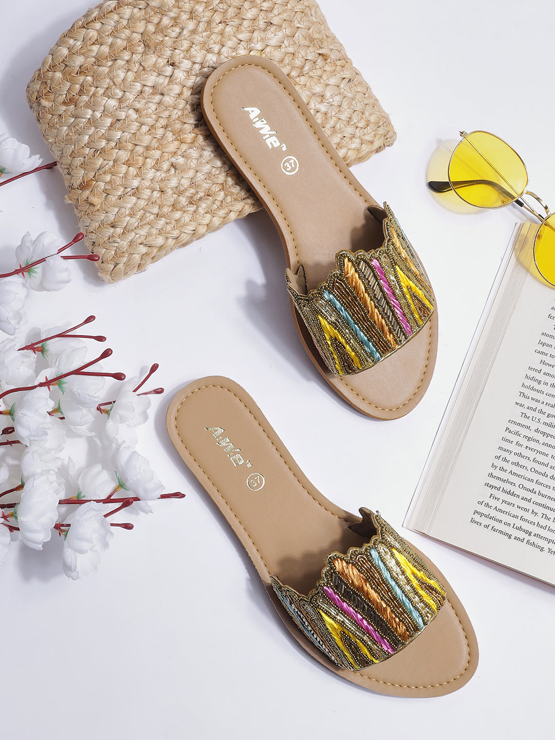 Womens Embroidered Slip-On Flats | Handcrafted Ethnic Festive Slides with Beaded Detailing